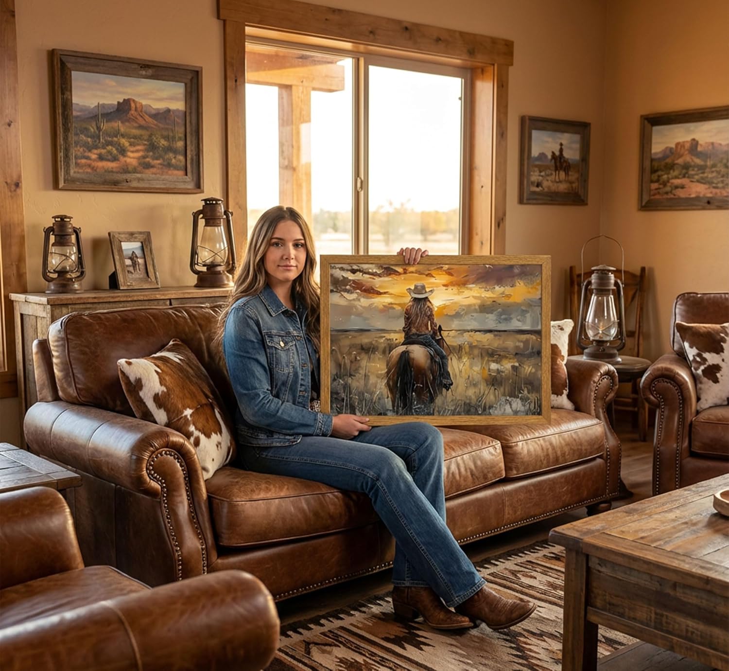 Framed Western Cowgirl Canvas Wall Art Retro Cowgirl Riding Horse Wall Decor Picture Sunset Countryside Landscape Poster Print Painting for Living Room Bedroom Country Furniture Artwork Decoration