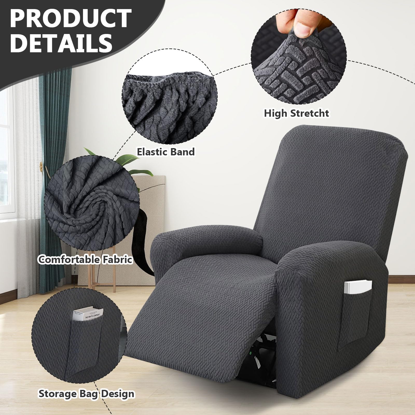 4-Pezzo Copri Poltrona Relax Reclinabile, Copripoltrona 1 Posto, Copri Poltrona Elettrica con Braccioli e Tasche