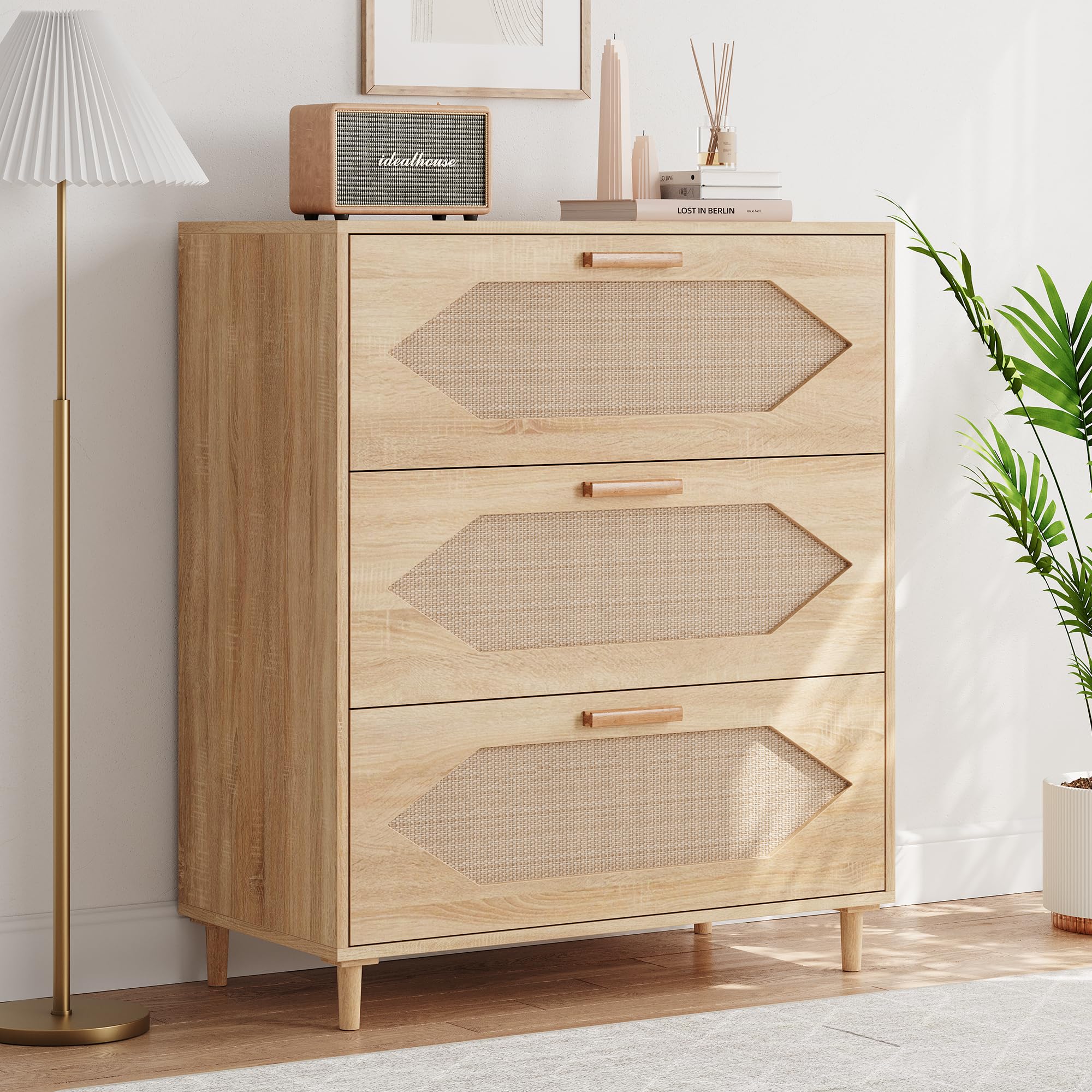GAOMON 3 Drawer Dresser for Bedroom, 31.5 Inch Wide Rattan Modern Closet Dressers Chest of Drawers, Wood Oak Storage Chest for Kids Bedroom, Hallway, Living Room, Hallway, Natural Wood (PRE-ASSEMBLED.)