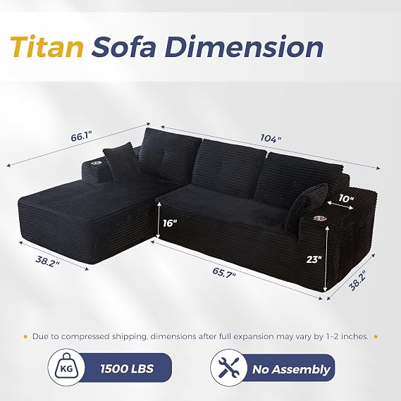 MAXYOYO 104 Modular Sectional Couch with L-Shape Chaise, Modern Boneless Couch for Living Room, Sofa in A Box, Oversized Sofa with Deep Seat, No Assembly Required, Black