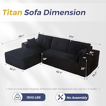 MAXYOYO 104 Modular Sectional Couch with L-Shape Chaise, Modern Boneless Couch for Living Room, Sofa in A Box, Oversized Sofa with Deep Seat, No Assembly Required, Black