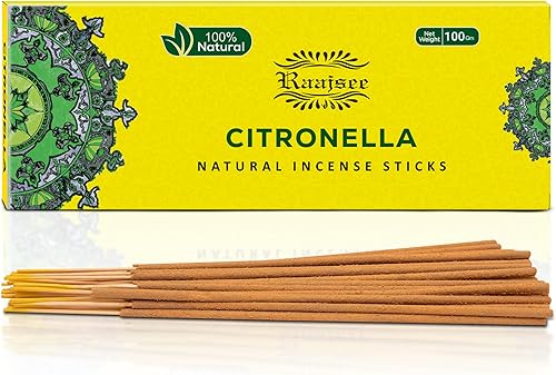 Raajsee Varitas de Incienso de Citronela 100 gm Paquete - 100% Puras Orgánicas Naturales Enrolladas a Mano Libres de Químicos - Perfectas para