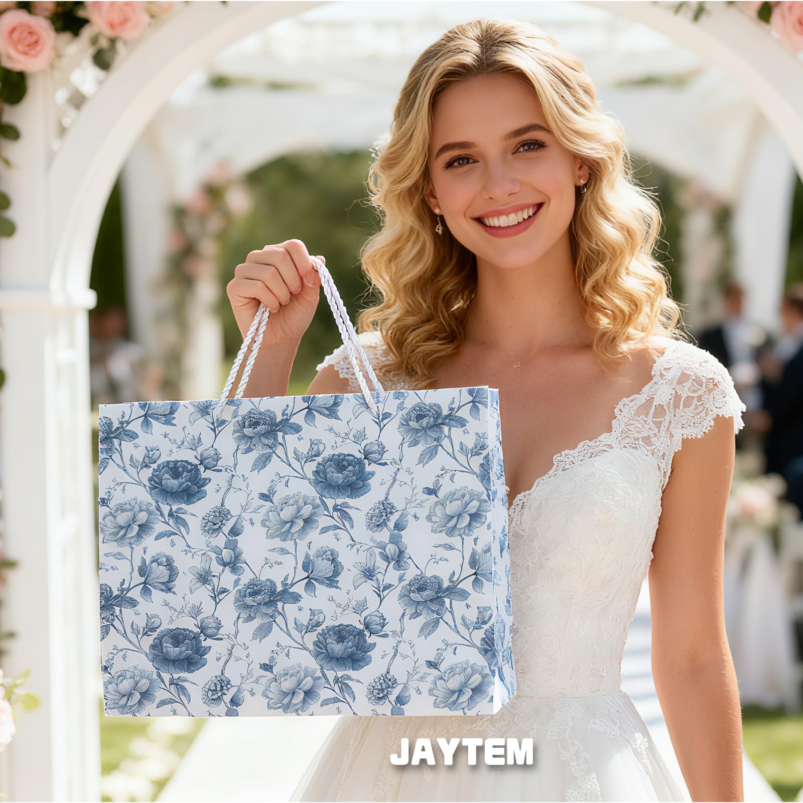 JAYTEM Bridal Shower Gift Bag, 13" Blue and White Large Wedding Gift Bag with Tissue Paper Greeting Card Tag Envelope, Chinoiserie Peony Floral Elegant Gift Bags for Women, Anniversary, Mother's Day, Birthday, Christmas