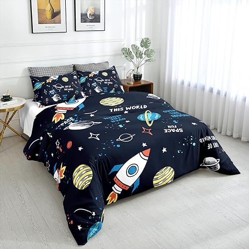 Outer Space Planet Stars - Juego de funda de edredón tamaño Queen, galaxia celestial, naves espaciales, cohete, juego de ropa de cama para niños, 3