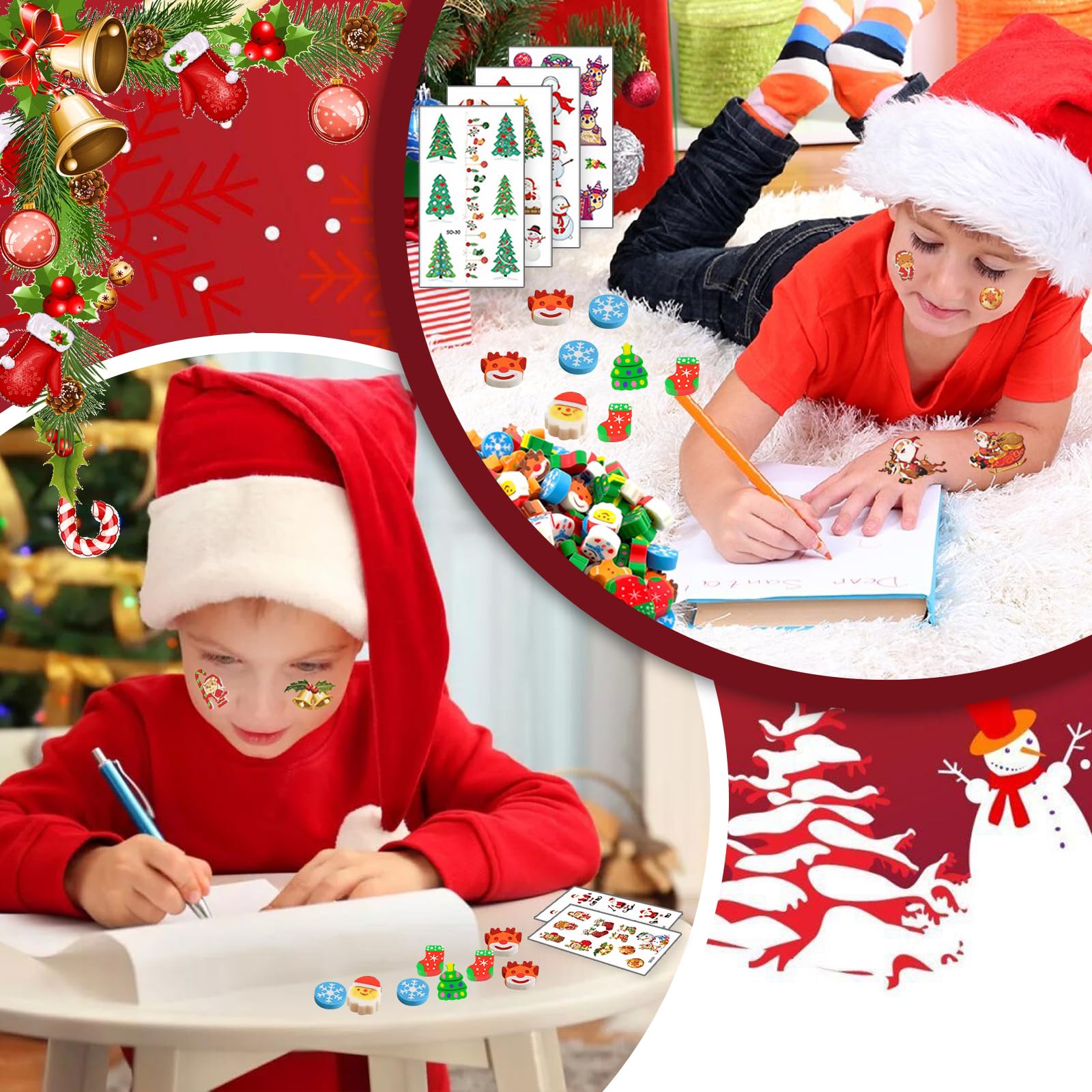 Shinybox 230 Pezzi Set di Gomme Natalizie per Bambini, 200 Mini Gomme da Cancellare Natalizie e 30 Adesivi per Tatuaggi Natalizi, Feste di Natale per Riempire la Calza Della Befana
