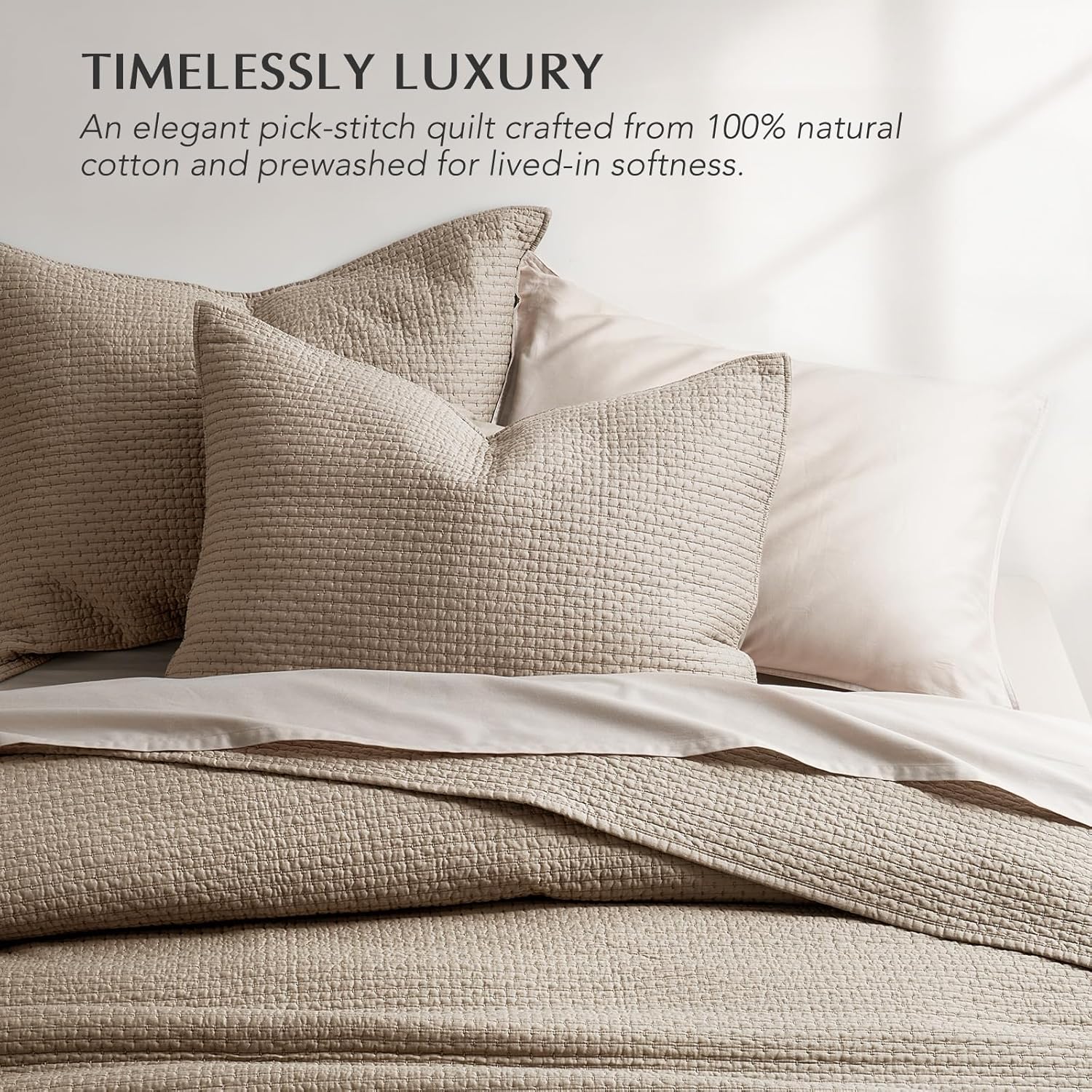 EVERGRACE Cotton Sateen Pick-Stitch Quilt Set Queen Size – 100% Cotton Lightweight Coverlet Bedding, Pre-Washed Oversized Bedspread, Breathable All-Season Quilt Set with 2 Shams, Stone Taupe | Pick-Stitch Design, Luxe Cotton Sateen, Double Sided, 100% Cotton, Oeko-Tex Certified, Lightweight