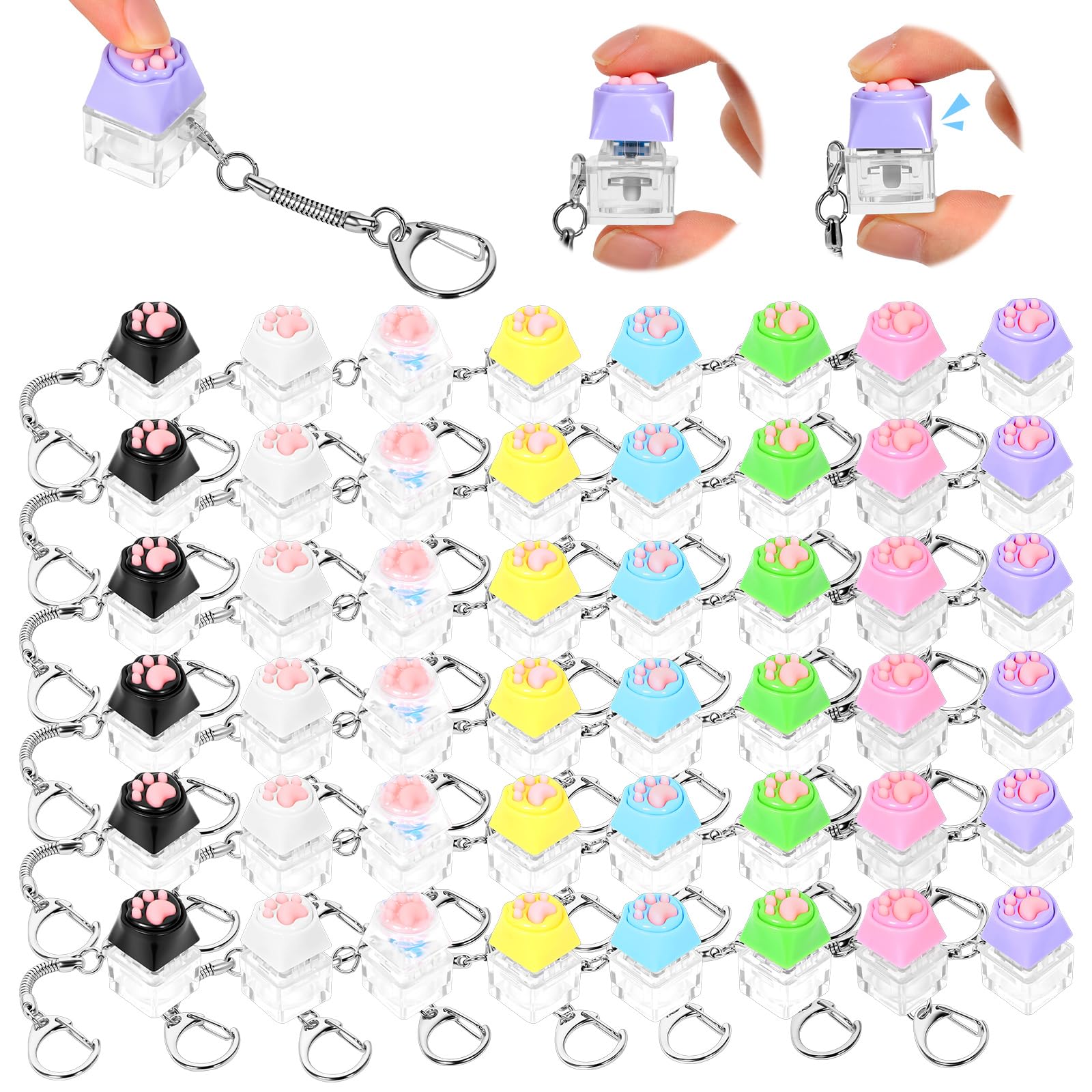 Kuanght 48 Pcs Keyboard Fidget Toy for Adults, Cat Paw Keyboard Keychain, Portable Finger Decompression Keyring, Colorful Clicky Fidgets Toy, Key Board Clicker for Home, Office and School