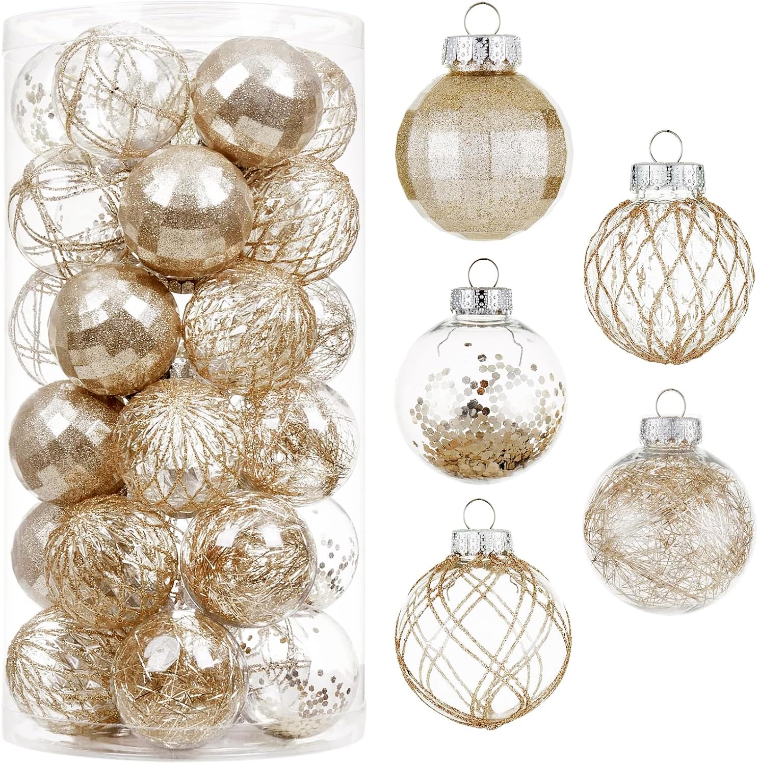 Juego de 30 Bolas de Navidad de plástico Transparente inastillables de 2.36 Pulgadas con Relleno Delicado Brillante, Decoraciones Colgantes para árbol de Navidad (Oro champán)