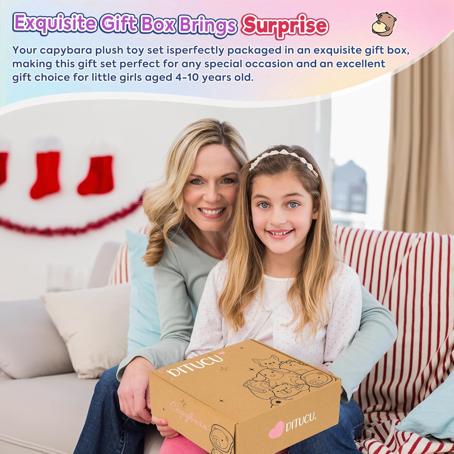 Ditucu Strawberry Capybara Plush Gifts for Girls 4 5 6 7 8 9 10 Years Old with Stuffed Animal/Stickers/Water Bottle/Bag/Coin Purse/Keychains/Hair Accessories/Comb/Necklace/Bracelet Plushies Toys Set