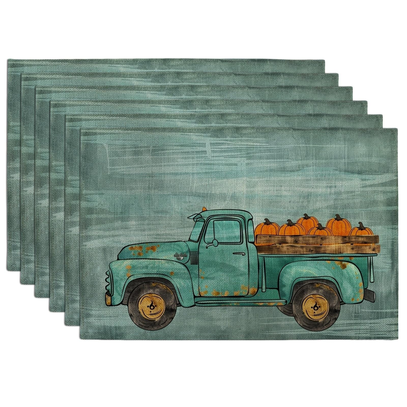 Fall Vintage Truck Placemats, Teal Rustic Harvest Place mats for Dining Table, Non-Slip Washable Indoor Outdoor Party Decorative Placemat Set of 6