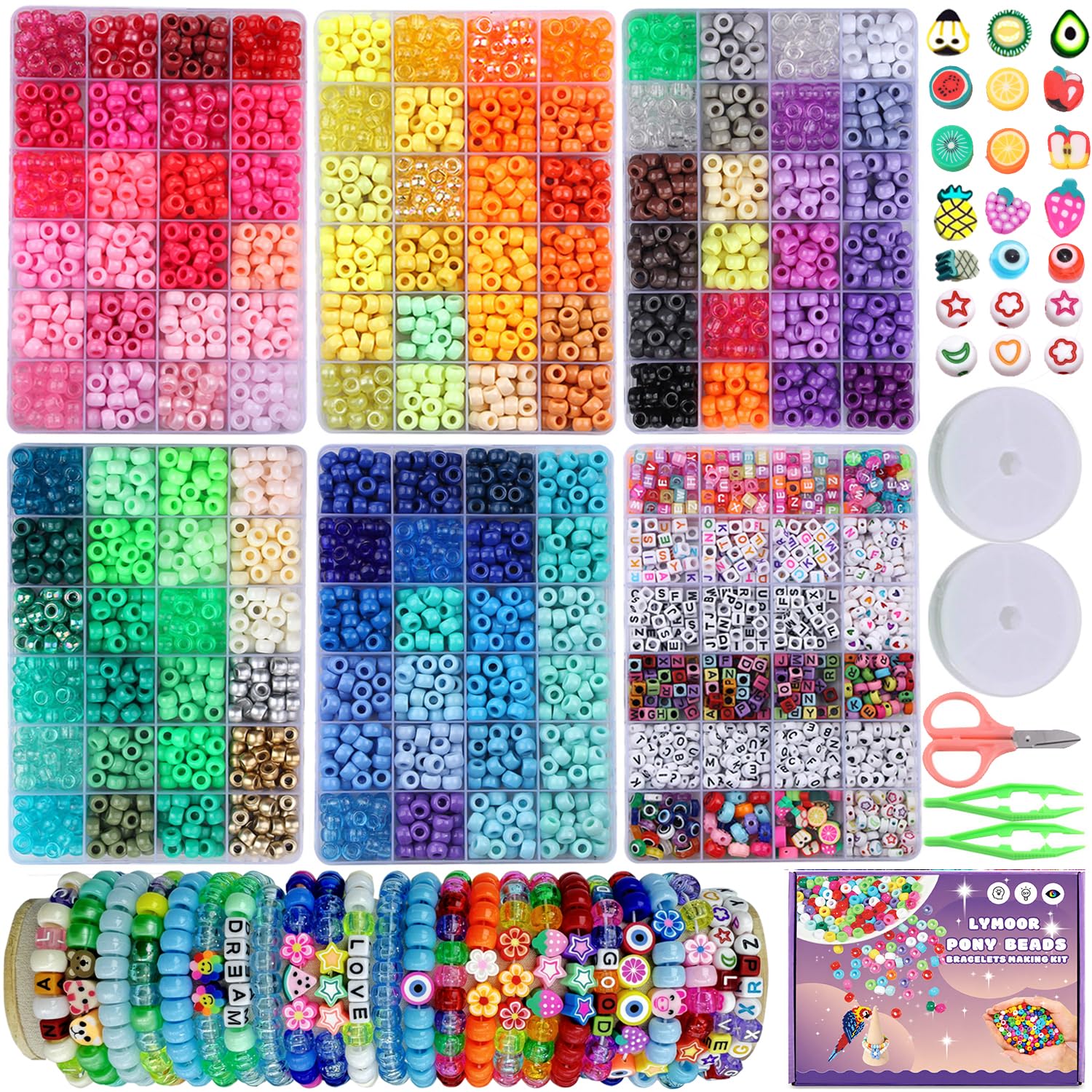 LYMOOR 4240 - Juego de cuentas de pony, 120 colores, incluye 1000 cuentas Kandi de ojo de arcilla arcoíris para hacer pulseras, cuentas de pelo para joyas, collares, manualidades, con caja de regalo y