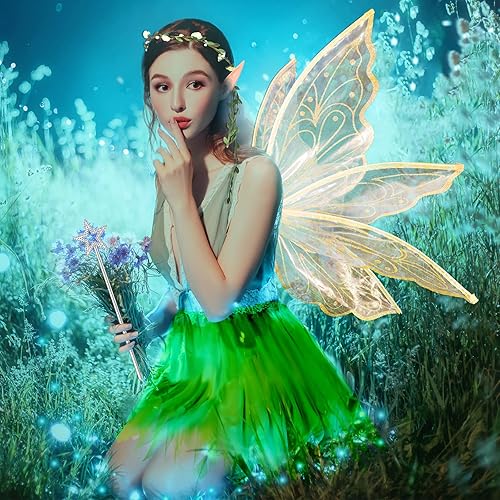 Miniatura 10 de Hicarer Conjunto de disfraz de ala de hada de mariposa para mujer, corona de elfo, corona de flor, varita de estrella, falda tutú para carnaval,