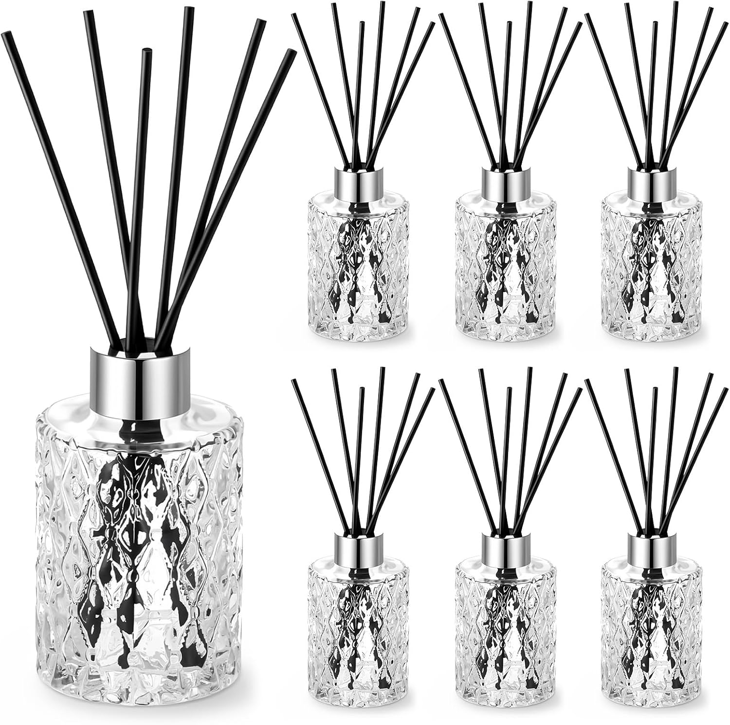 6 Set Empty Reed Diffuser Bottle Set with Stick, 150ml/5oz Clear Glass Diffuser Bottles with Sticks, Black Rattan Reeds & Silver Caps, for DIY Essential Oil, Home Fragrance, Bulk