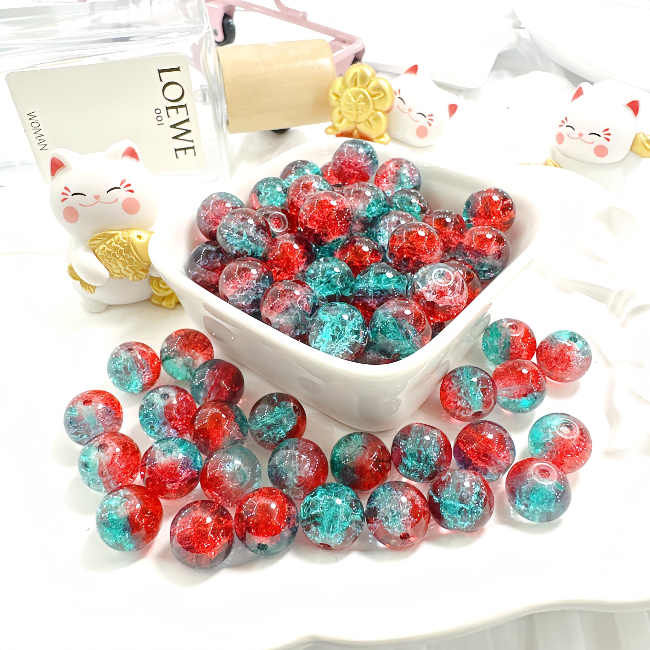 100Pcs 10mm Crackle Glass Beads with 2mm Hole - Smooth Round Beads for Bracelet Making, Jewellery Crafting Supplies for Necklaces, Earrings DIY (Dark Green red)