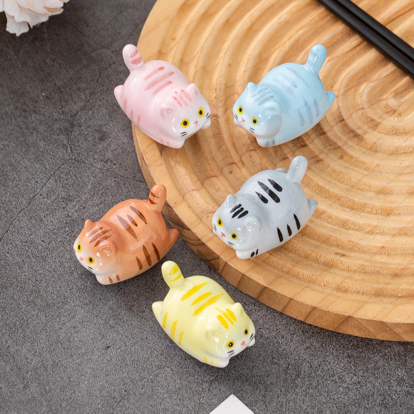 Japanese Style Sundries, Cat Series 5 Pcs Ceramic Chopstick Rest, Multicolor Tabletop Ornament, Multi-use Paintbrush & Makeup Brush Holder
