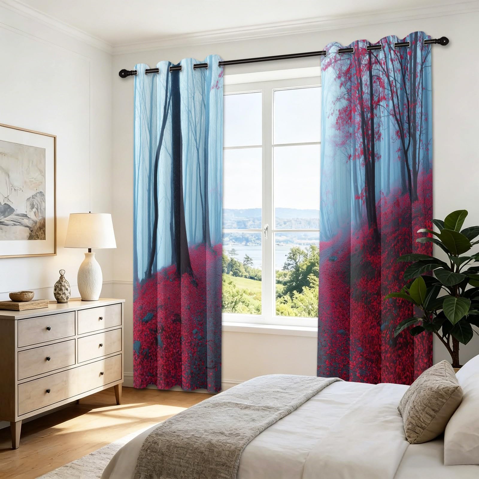 Firanki z oczkami w kolorze czerwonego i jasnoszarego lasu mgły i jesiennych liści, wys. 140 x szer. 90 cm (zestaw 2 szt.), nieprzejrzyste zasłony termiczne do pokoju dziecięcego i gabinetu, gabinetu