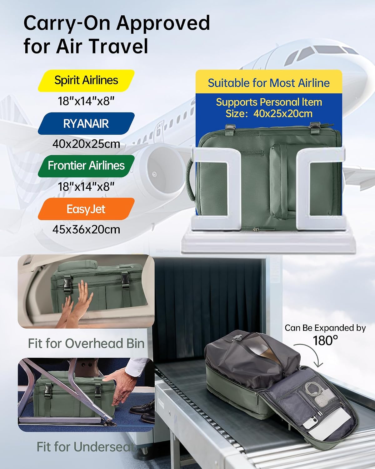 Vacuum Backpack Travel with Pump Vacpack for Women Men Compression Backpack Airplane Approved Personal ltem Bag with Vacuum System Mochila de vacío Cabin Bag Carry On with Airbag,Army Green