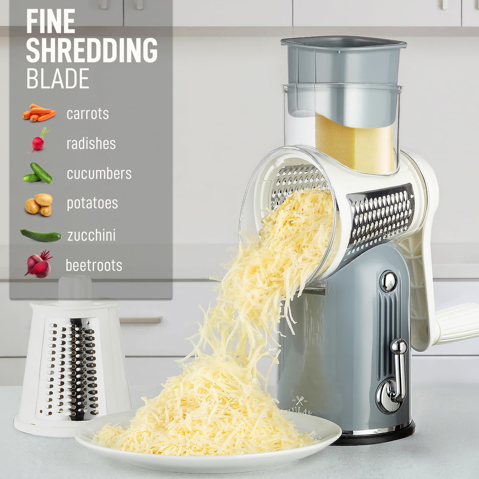 Zulay Kitchen - Râpe à fromage rotative à 5 lames - Râpe à fromage manuelle avec manivelle et aspiration renforcée & 5 tambours interchangeables - Facile à utiliser, hachoir à légumes, mandoline ronde