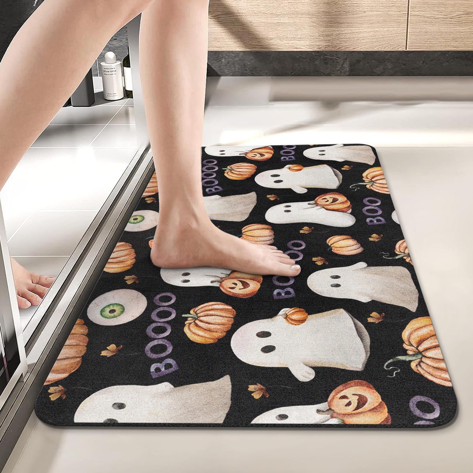 Tapete de baño con diseño de fantasma de Halloween, diseño de calabaza vintage, de secado rápido y súper absorbente, tapete de goma antideslizante con parte trasera de goma de 17 x 30 pulgadas