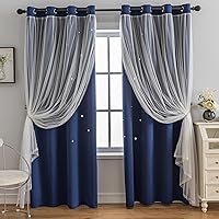 Vista 20 de Anytime - Cortinas para dormitorio de niñas con estrella hueca, cortinas opacas para habitación de niños, cortinas largas para oscurecer