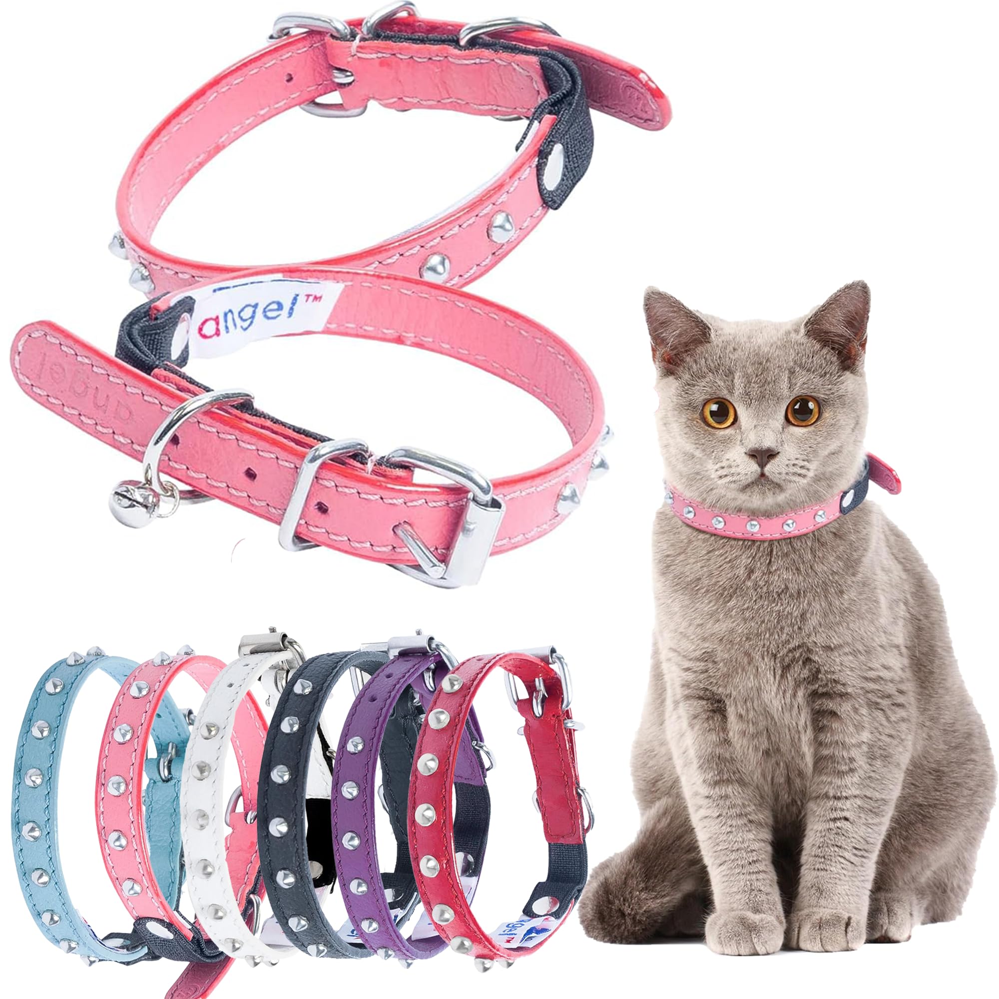 Angel Pet Supplies Inc. Ángel Mascota Suministros Piel Tachonado Collar de Gato con Seguridad elástico Stretch, 12 por 1/2-inch, Rosa