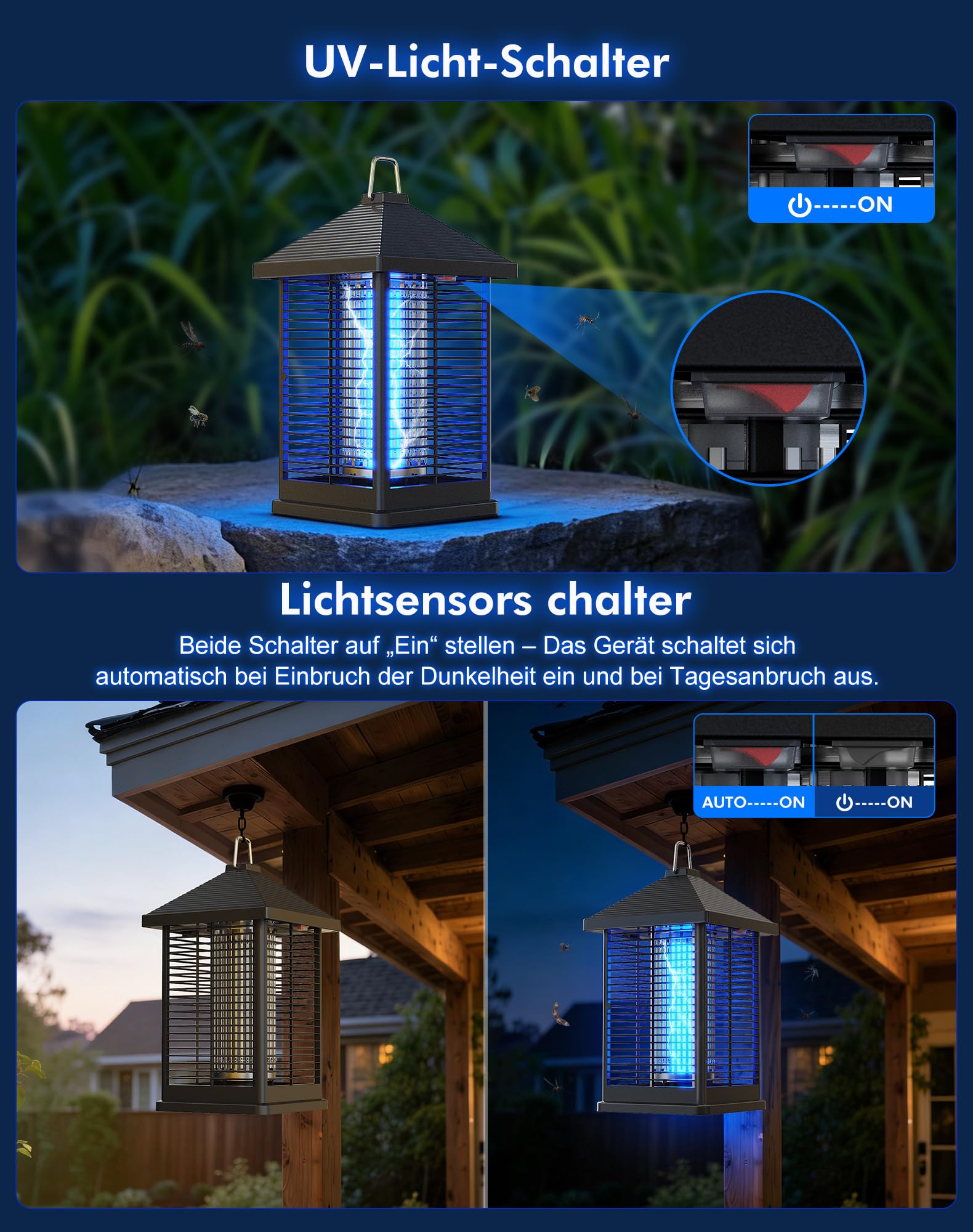 Insektenvernichter Elektrisch mit Lichtsensor, 4000V Mückenvernichter für Drinnen & Draußen, IPX4 wasserdichte UV-Insektenfalle, Reichweite 100 m² – Ideal für Terrasse, Garten, Garage