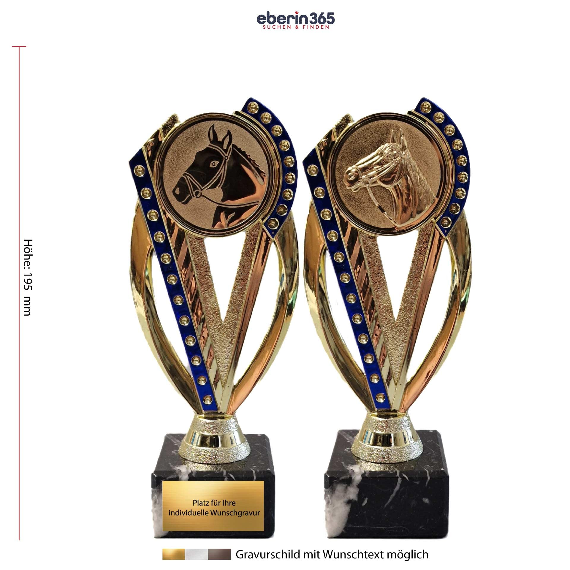 · Reitsport Pokal · REIT Pokal · Pferd · Turnierreiten · Hobby Horsing · Turnierschleife blau/Gold · Ehrenpreis · Pokal mit Wunschgravur · 2 Pferde Motive wählbar