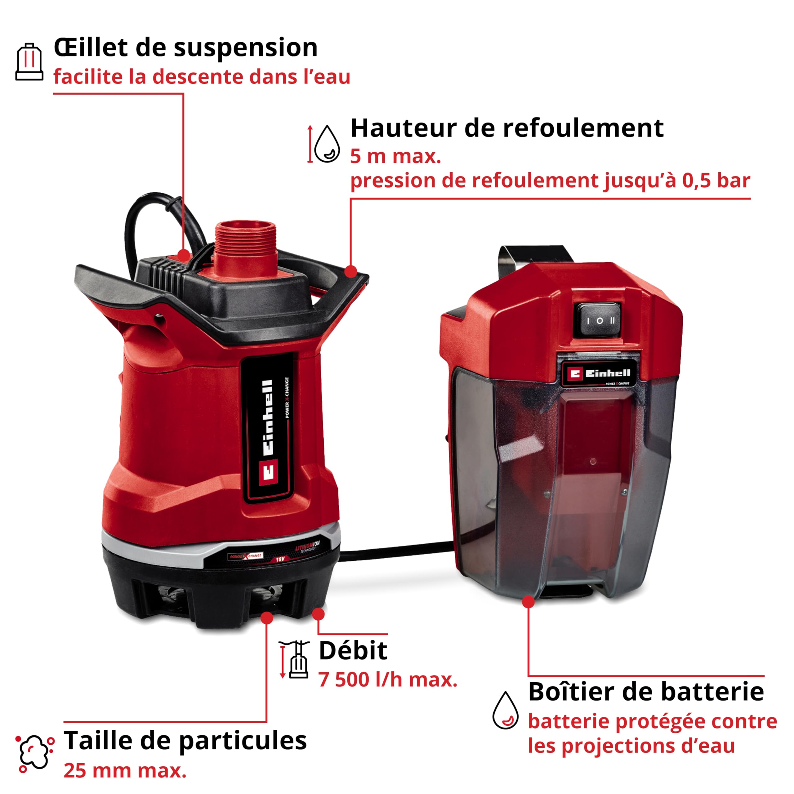 Einhell Pompe pour eaux chargées sans fil GE-DP 18/25 Li-Solo Power X-Change (18 V, débit de 7 500 L/h, hauteur de refoulement de 5 m, modes ÉCO et BOOST) Livré sans batterie ni chargeur