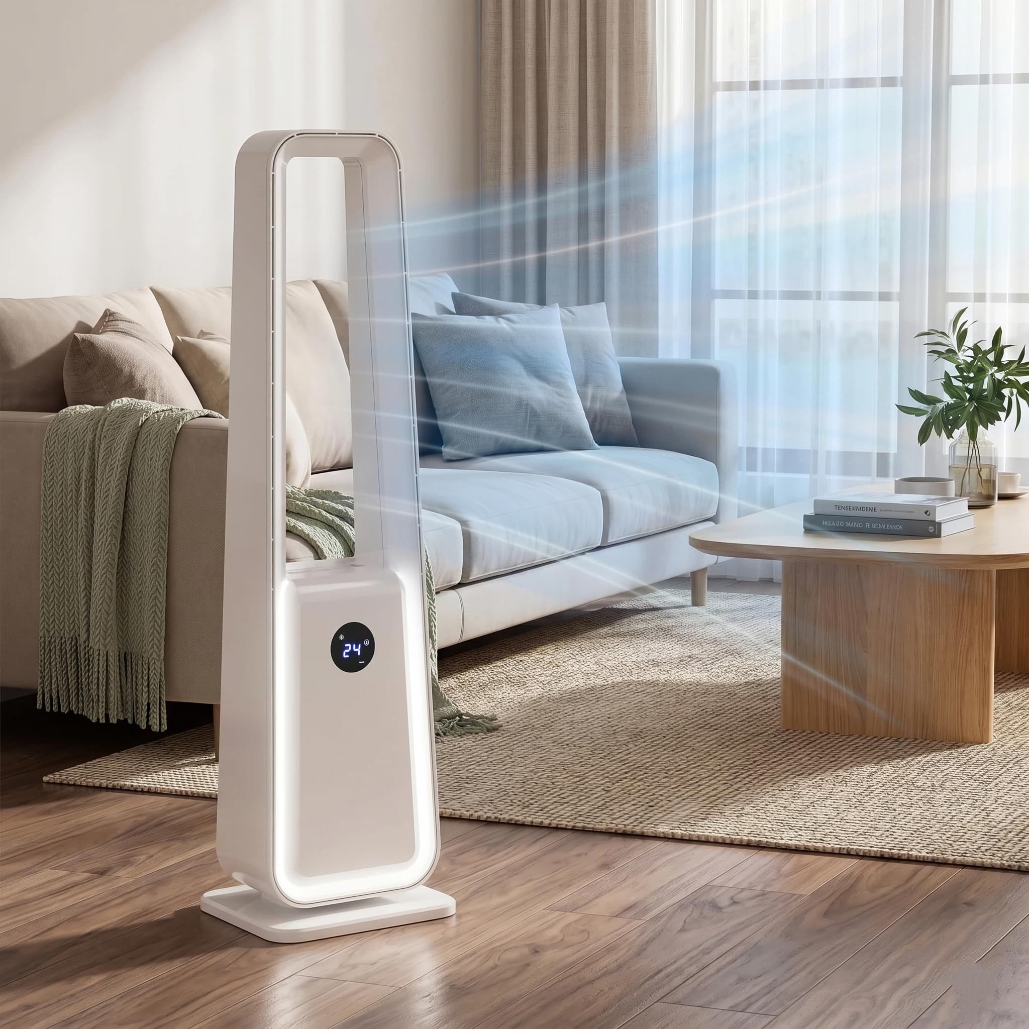 ThomP Ventilatore a Torre Senza Pale – Funzionamento Silenzioso, 24 Velocità, 3 Modalità, Oscillazione 75°, Timer 12H, 4 Colori LED, Telecomando per soggiorno, ufficio e camera