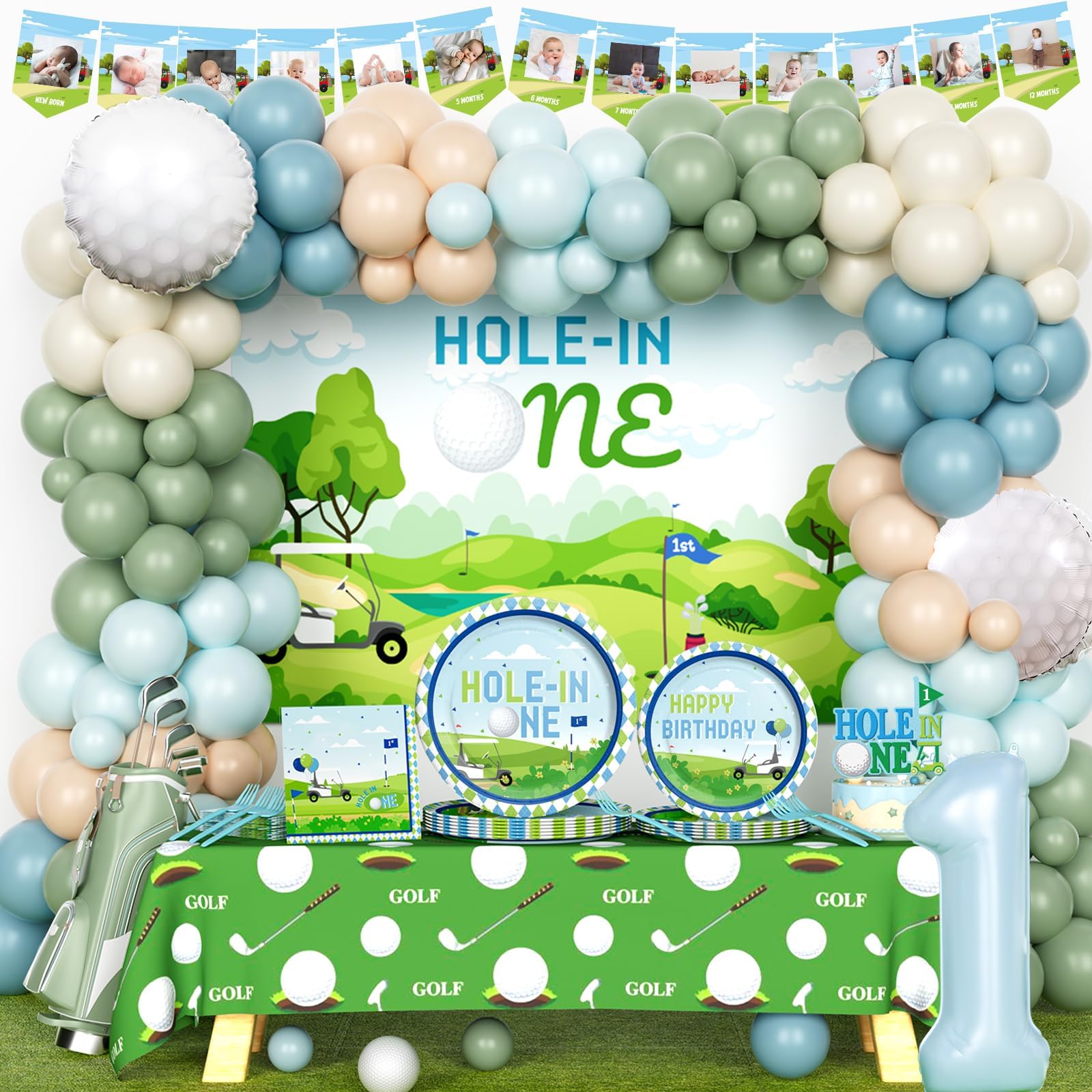 Hombae Hole In One Birthday Decorations, Golf 1st Birthday Decorations, Golf Themed First Party Supplies Tableware Set, Backdrop Balloon Banner