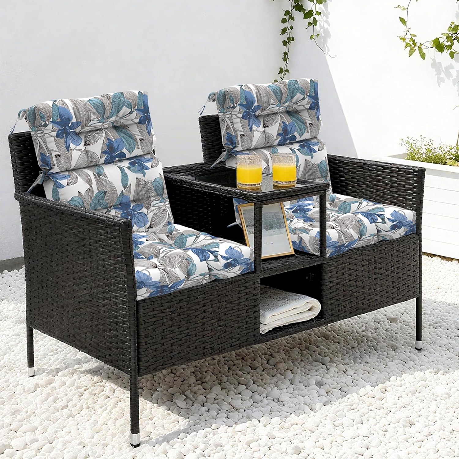 LVTXIII Outdoor Tufted High Back Cushions Set of 2 Patio Seasonal Replacement Rocking Chair Cushion with Ties, Solid Seat and Back Chair Cushion, (44” L x 22W”, Clemens Noir Blue)