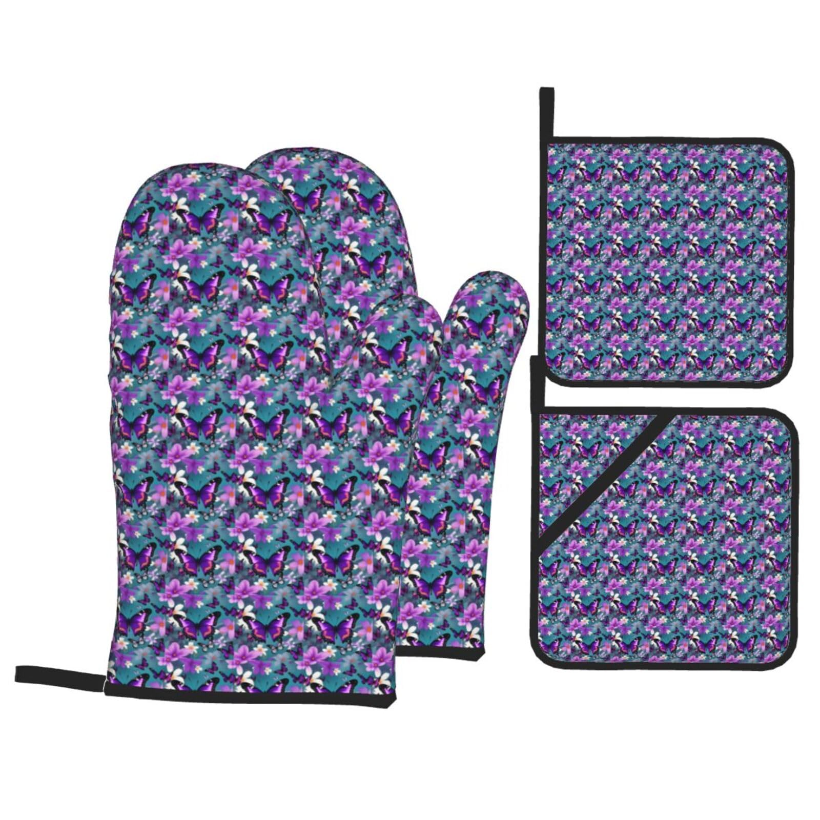 Purple Butterfly and Flowers Print 4-Piece Heat-Resistant Oven Waterproof Kitchen Gloves Cooking Roasting Essential