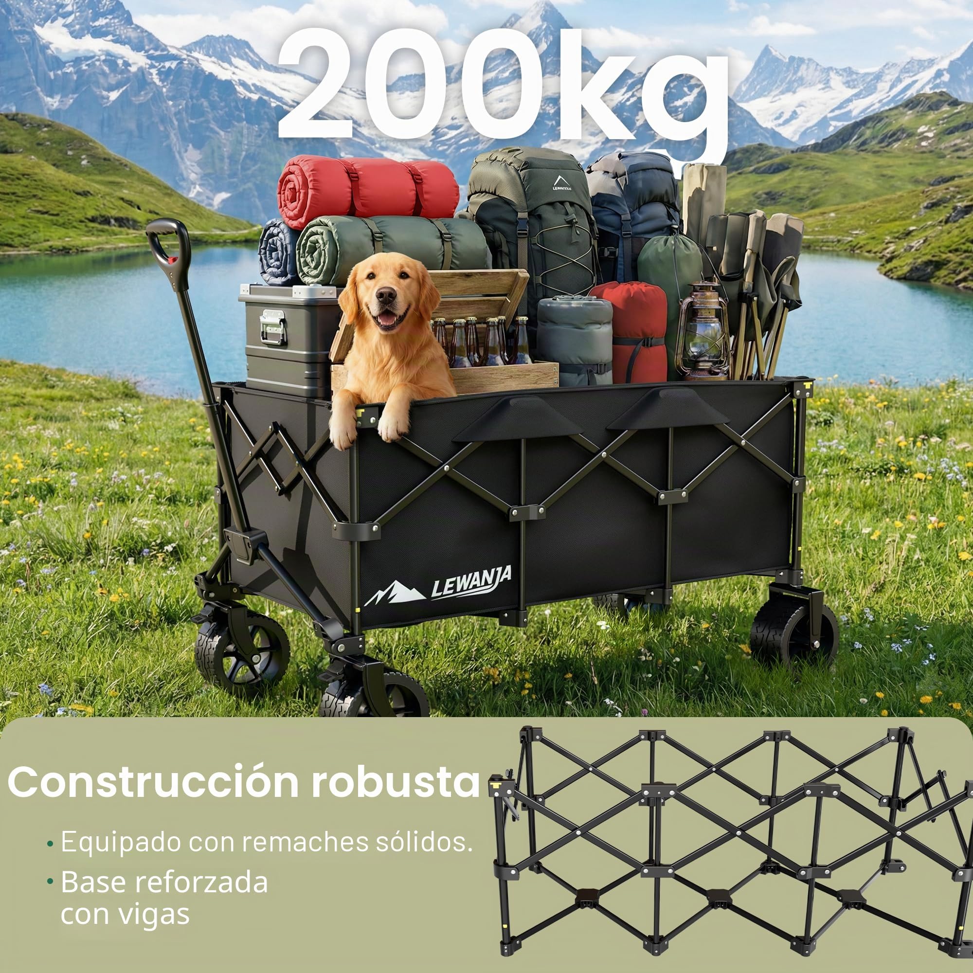 LEWANJA 200L Carro Playa Plegable, Carrito de Jardín de Alta Resistencia con Ruedas Anchas y Frenos, Manillar Ajustable, Carga 200kg, para Camping, Festivales y Compras