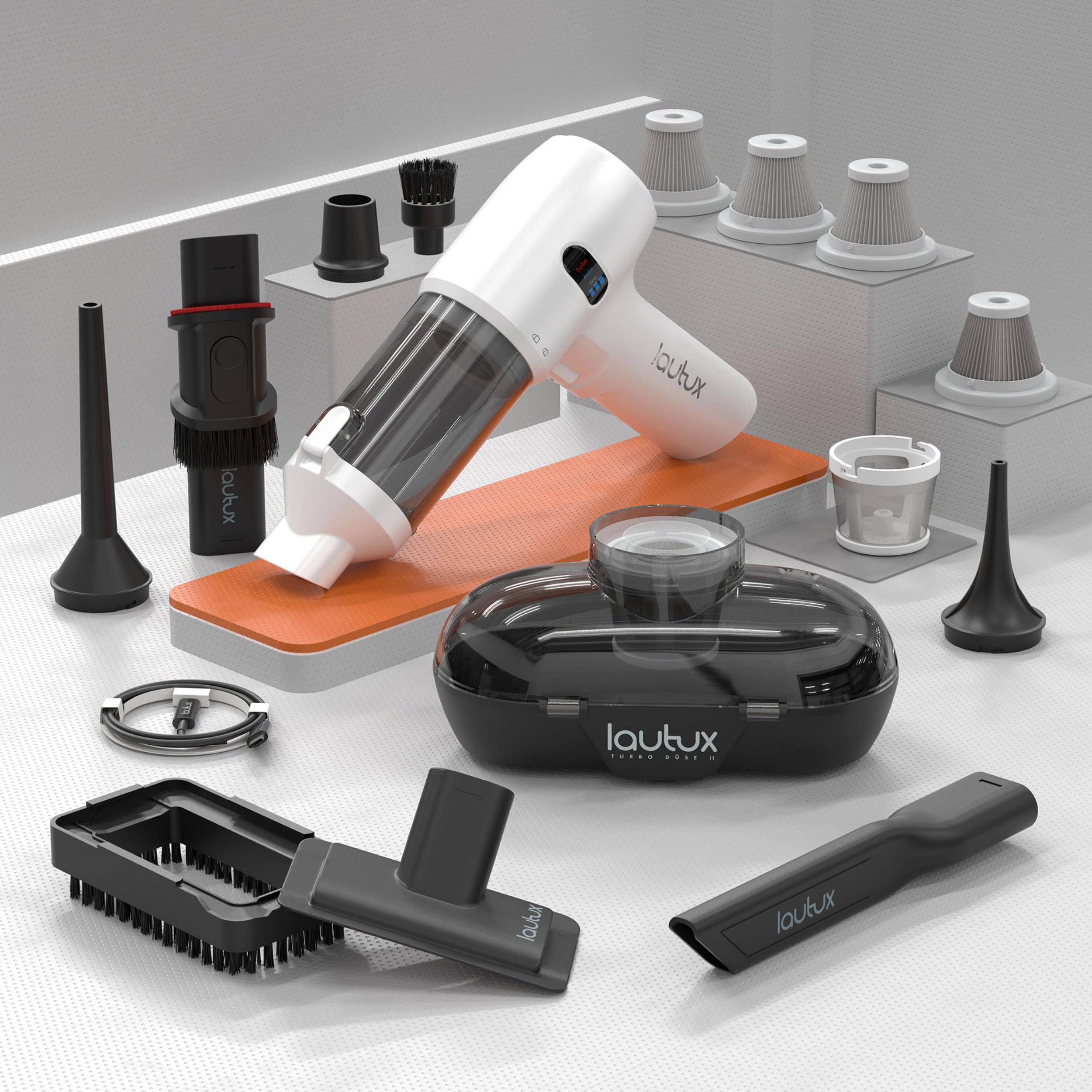 lautux Turbotastic Pro 2 Handstaubsauger – 120W, 18.000Pa, bis 60 Min Laufzeit, HEPA-Filter, LED-Display, 4-in-1 Düsen (Auto, Tierhaare, Polster, Aufpumpen, Vakuumieren) (Perlweiß, Premium Set)