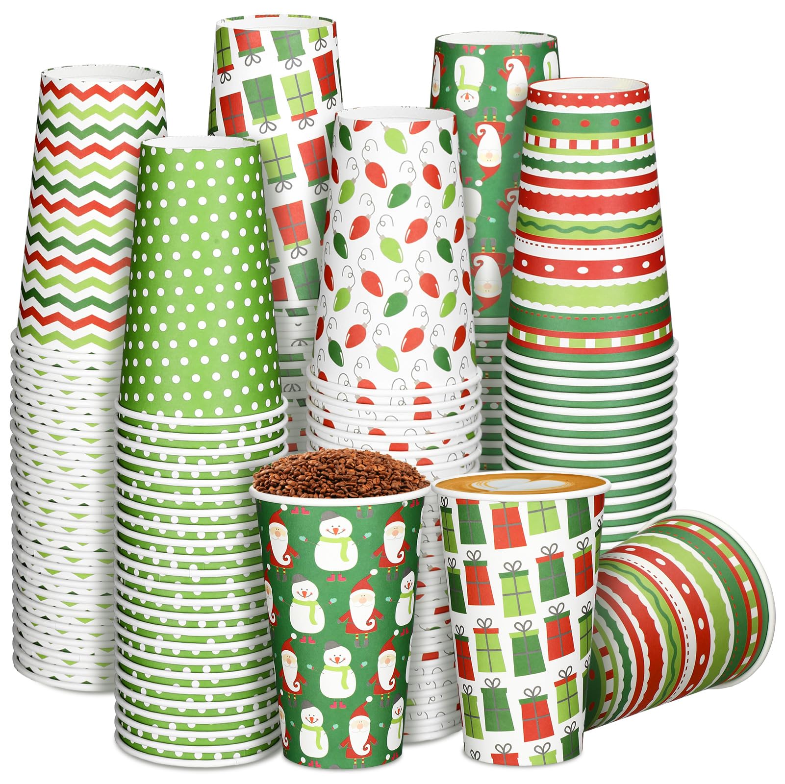 150 Pcs 16 oz Christmas Disposable Coffee Cups Green Red Christmas Paper Tea Cups Santa Snowman Christmas Coffee Cups for Drinks Hot Cold Cocoa Tea Xmas Holiday Table Christmas Party Supplies