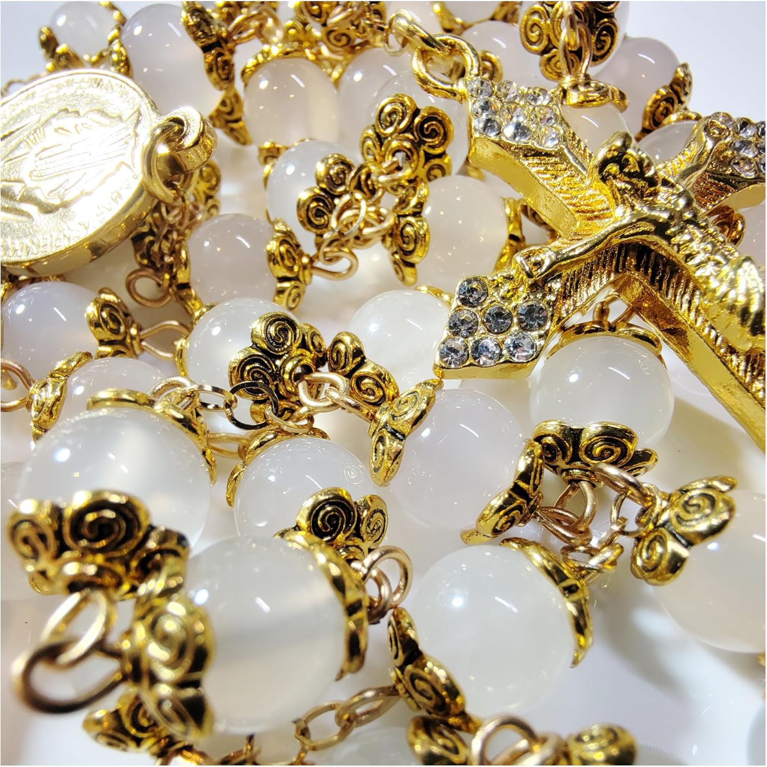 Rosary Beads Chaplet Natural Jade Rosery Cross Catholic gifts - Image 3