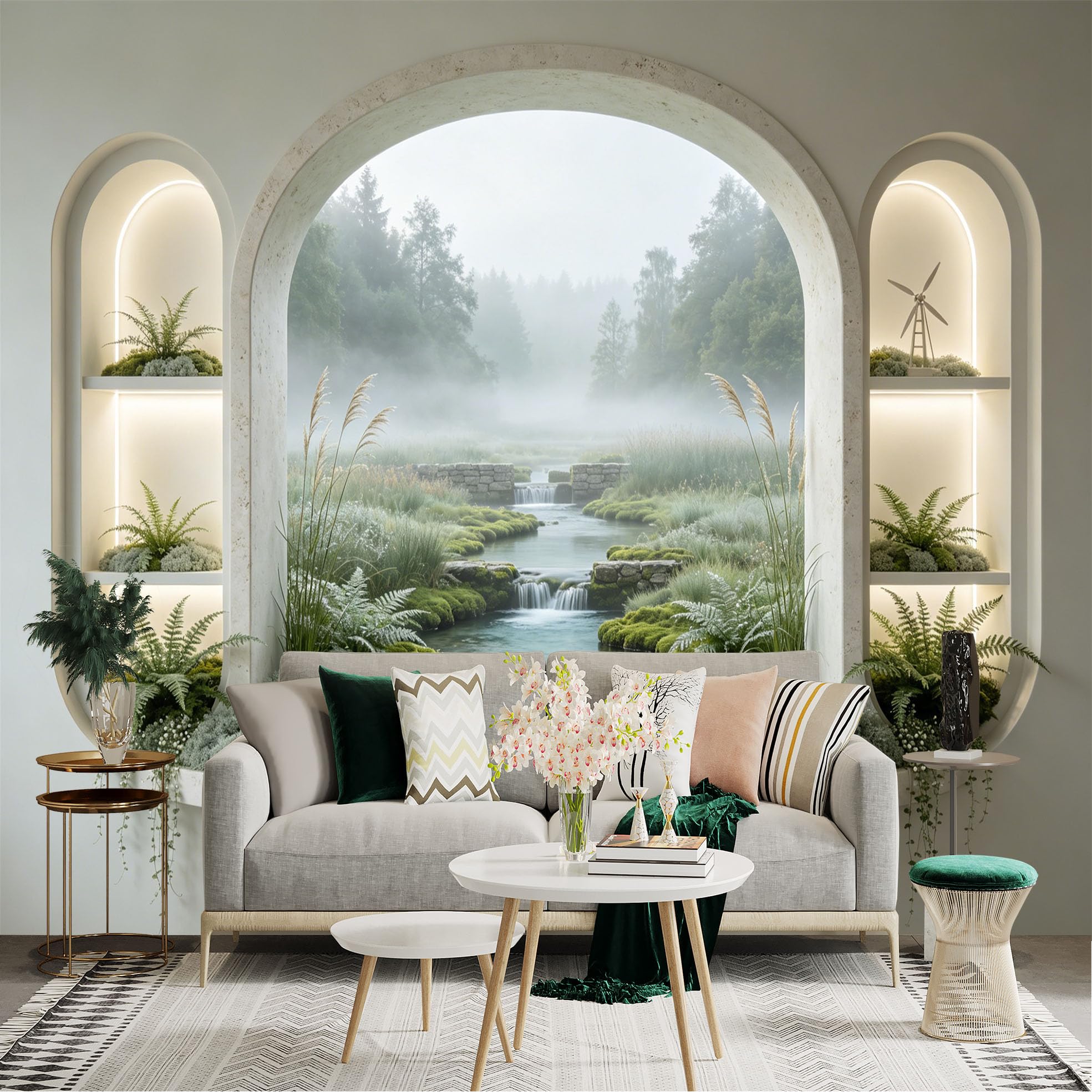 Lnzczhyre Dbh260521353 Custom Size Wall Sticker Mural， Misty Forest Stream， Tranquil Nature View， Arch Window Design， For Wall Decoration， Peelandstick Wall Decals.