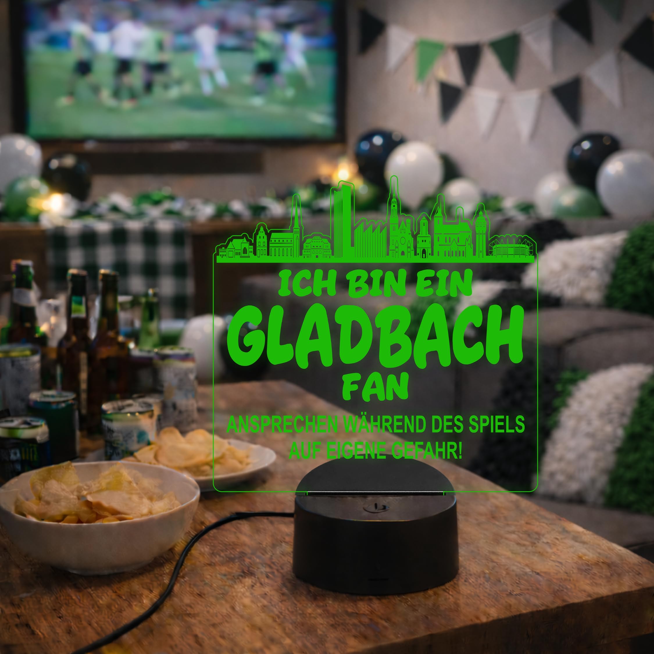 Lieblingsmensch Gladbach Fan Fußball LED Nachtlicht – 3D Skyline Design „Ansprechen auf eigene Gefahr“ – RGB Farbwechsel mit Fernbedienung & Touch – Stimmungslicht für die Man Cave – 19x23cm
