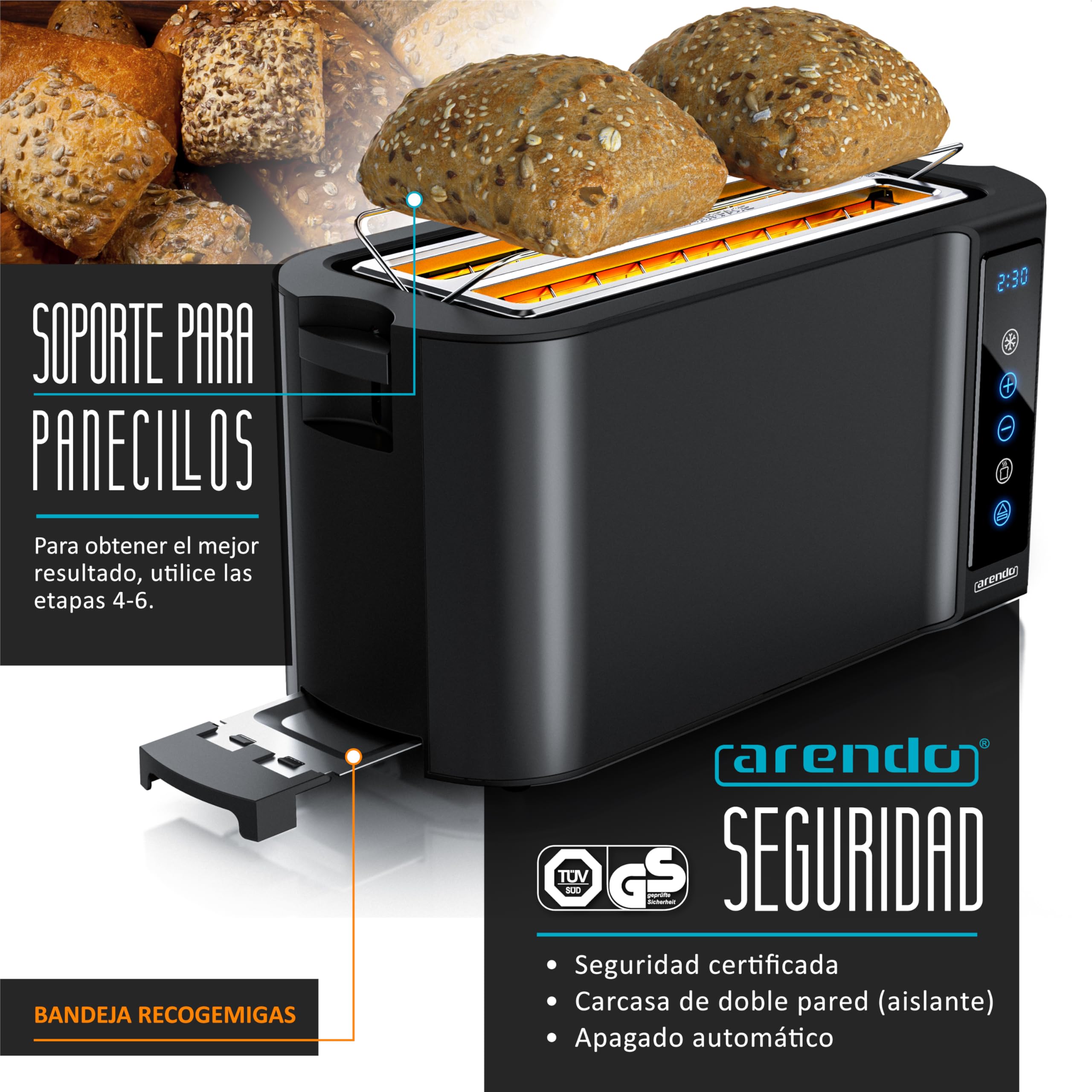 Arendo Tostadora de 2 Ranuras Largas para 4 Rebanadas, 1500 W, pantalla táctil, doble carcasa, soporte para bollería, 7 niveles de tostado, centrado y pantalla de tiempo restante, función memoria