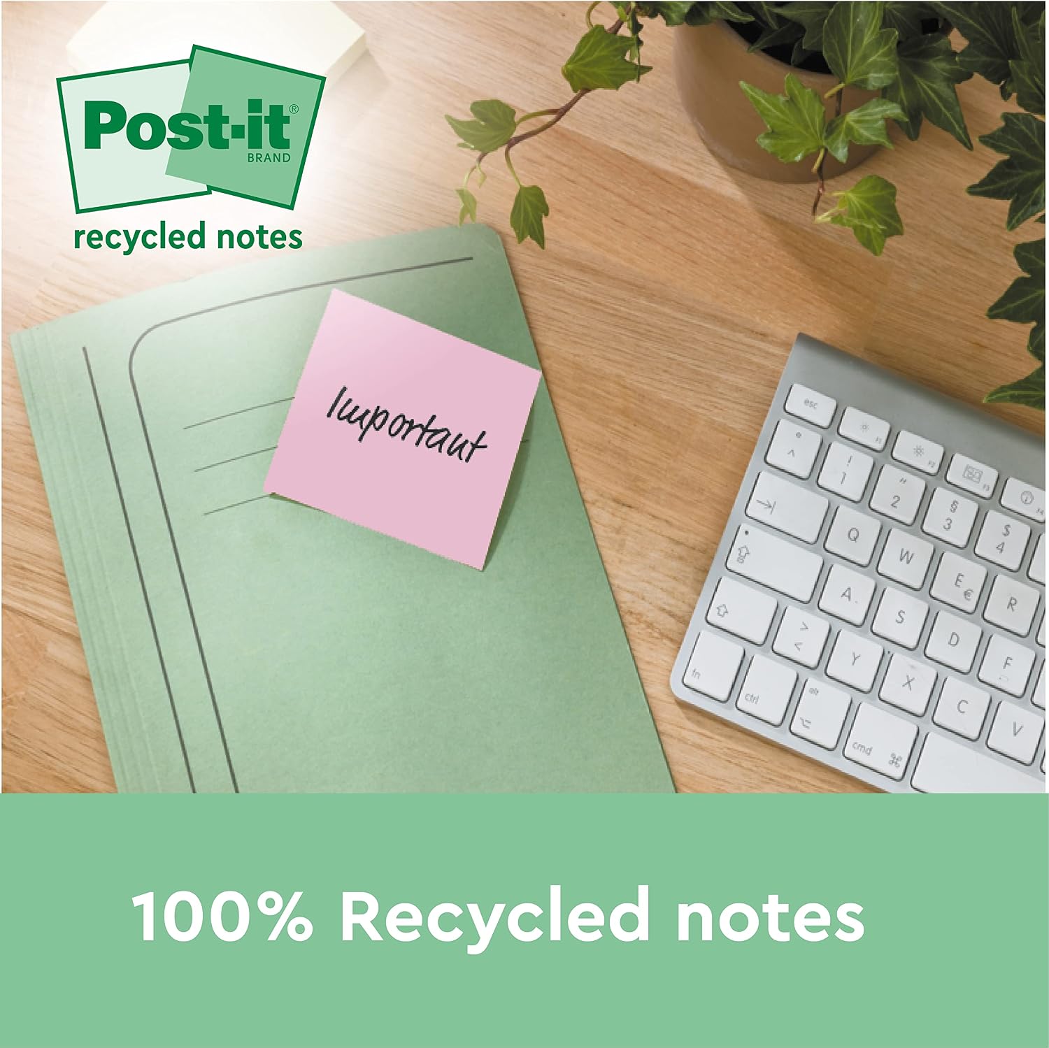 Post-it Recycled Notes, Assorted Colours, 76 mm x 76 mm, 100 Sheets/Pad, 12 Pads/Pack, Blue, Pink, Green, Yellow, 152 x 76 mm - Image 3