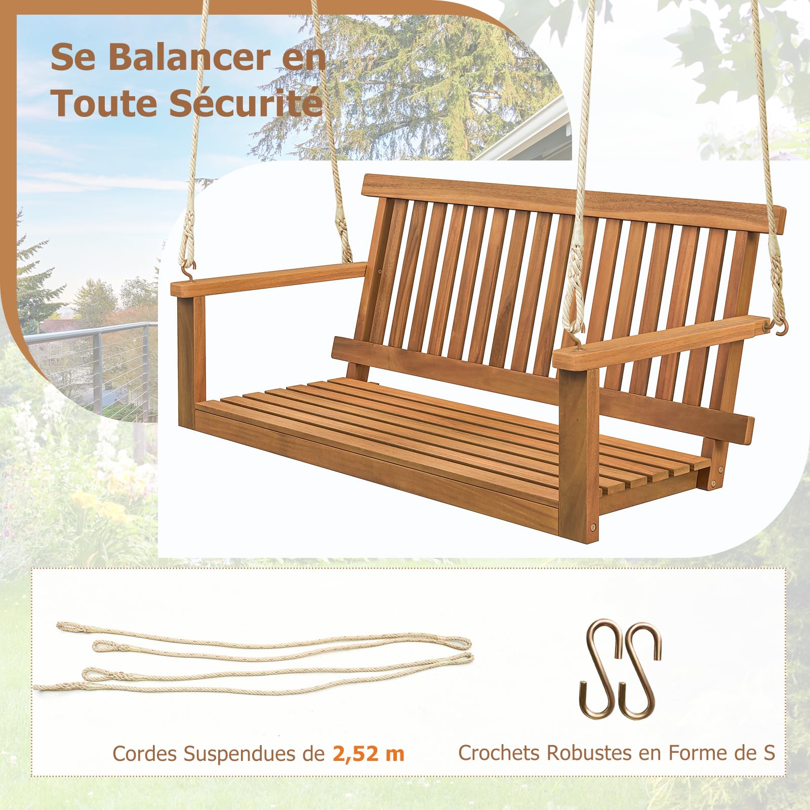 GOPLUS - Columpio de porche de 2 plazas de madera de acacia, silla colgante para 2 personas, asiento y respaldo con lamas, capacidad 360 kg, columpio para jardín, patio, 130 x 63 x 57 cm natural