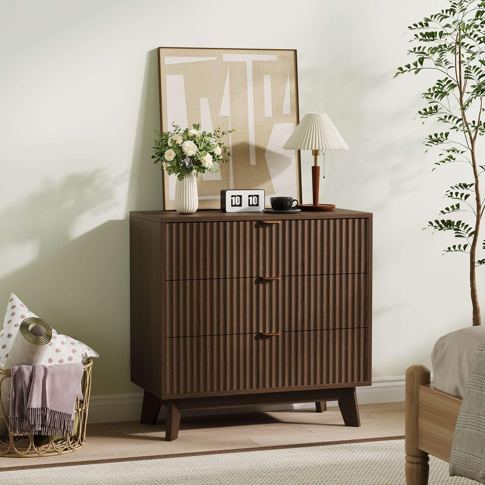 GarveeHome 3-Schubladen-Kommode, Geriffelte Dunkelbraun Holz-Optik, Moderner Mid-Century Stil, Robuster Holzwerkstoff, Für Schlafzimmer & Wohnzimmer, Größe 80 x 40 x 78 cm