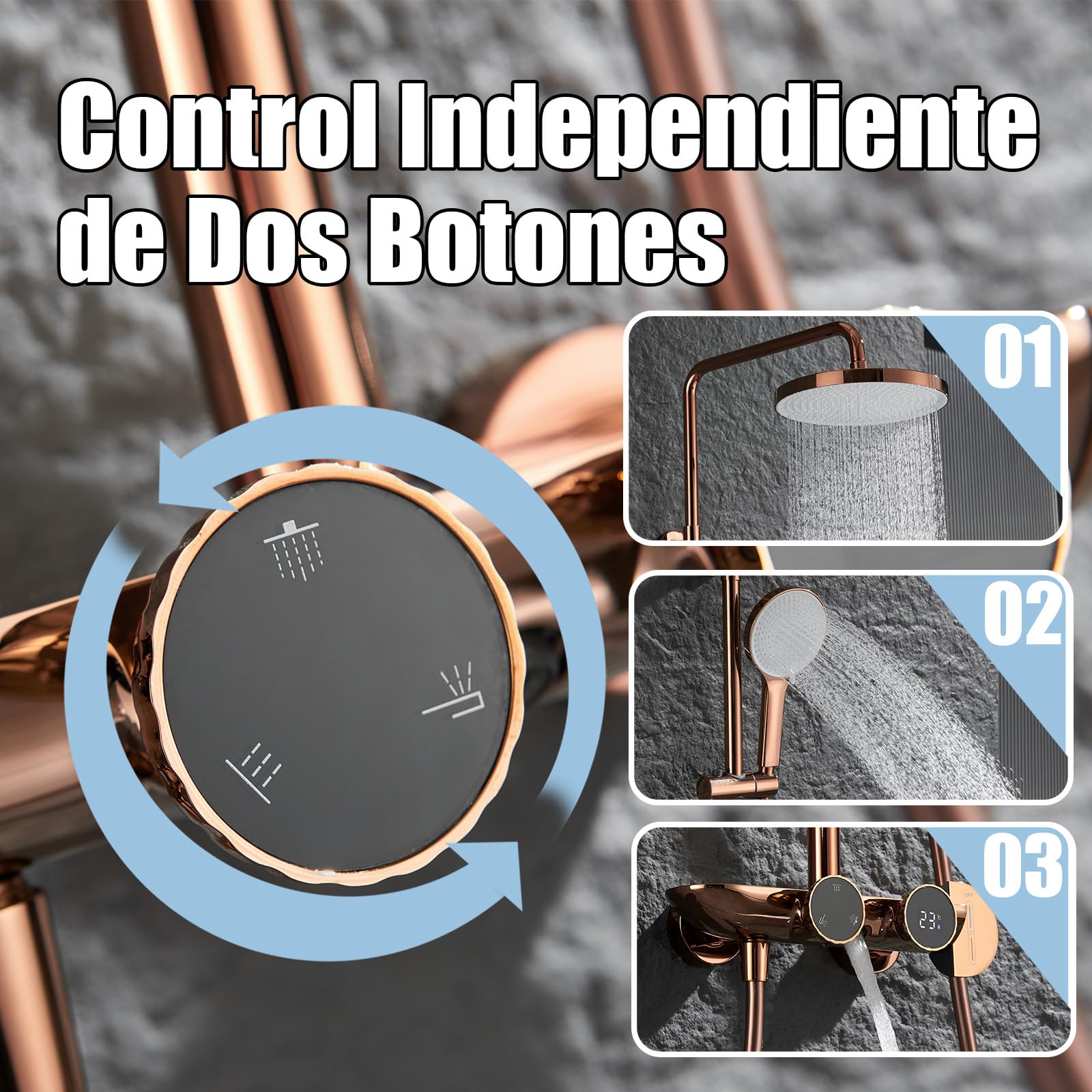 Columna Ducha con Grifo con Pantalla Digital, Rociador Superior 25cm | Sistema de Ducha de Latón, Lluvia Columna de Baño Multifuncional, Altura Ajustable, Ducha de Mano de 3 Modos, Oro Rosa