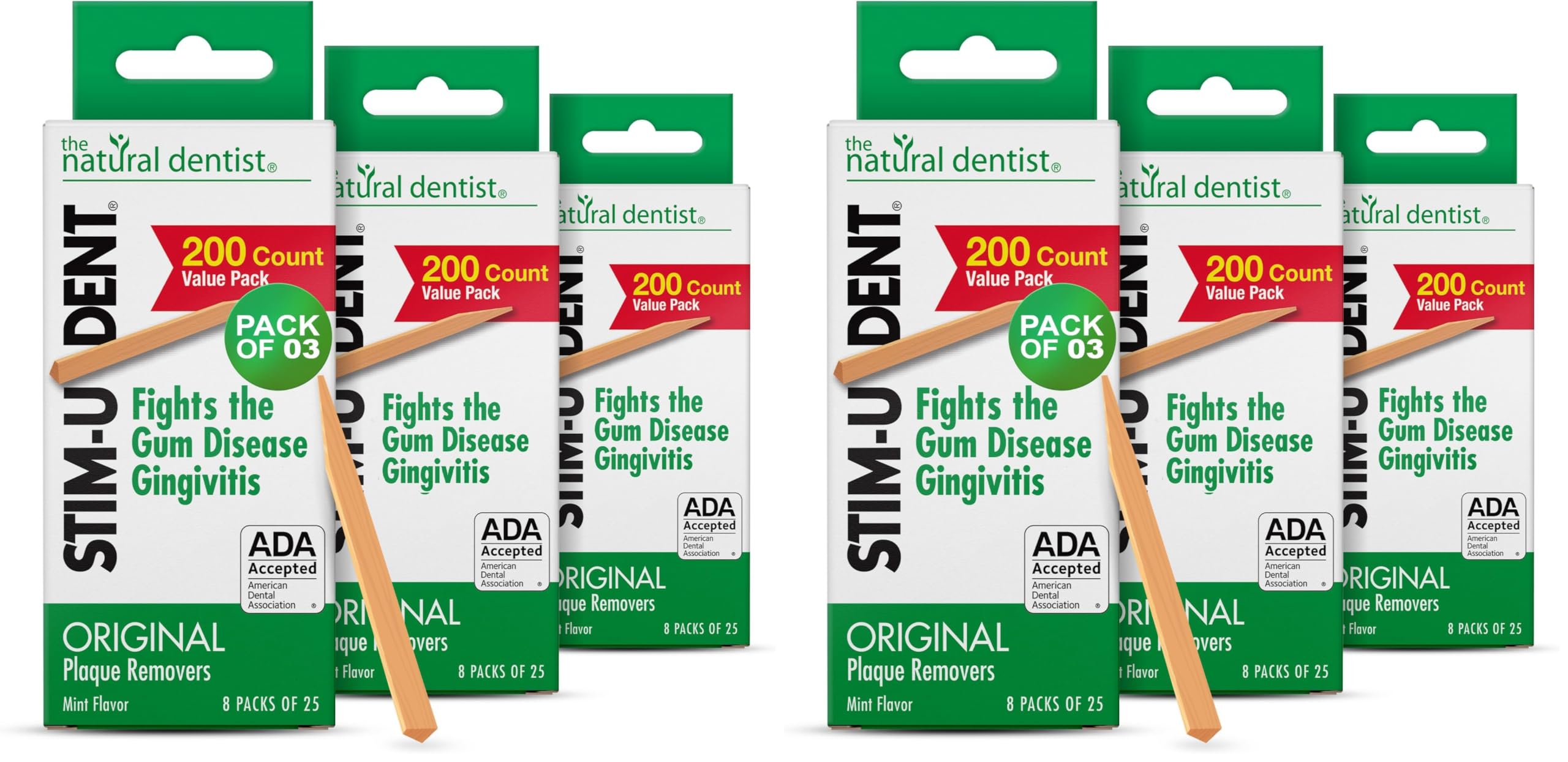 The Natural Dentist Stim-U-Dent Mint Dental Picks, Wooden Toothpicks for Food & Plaque Removal, Travel-Friendly, 72 Packs of 25 (1200 Picks)