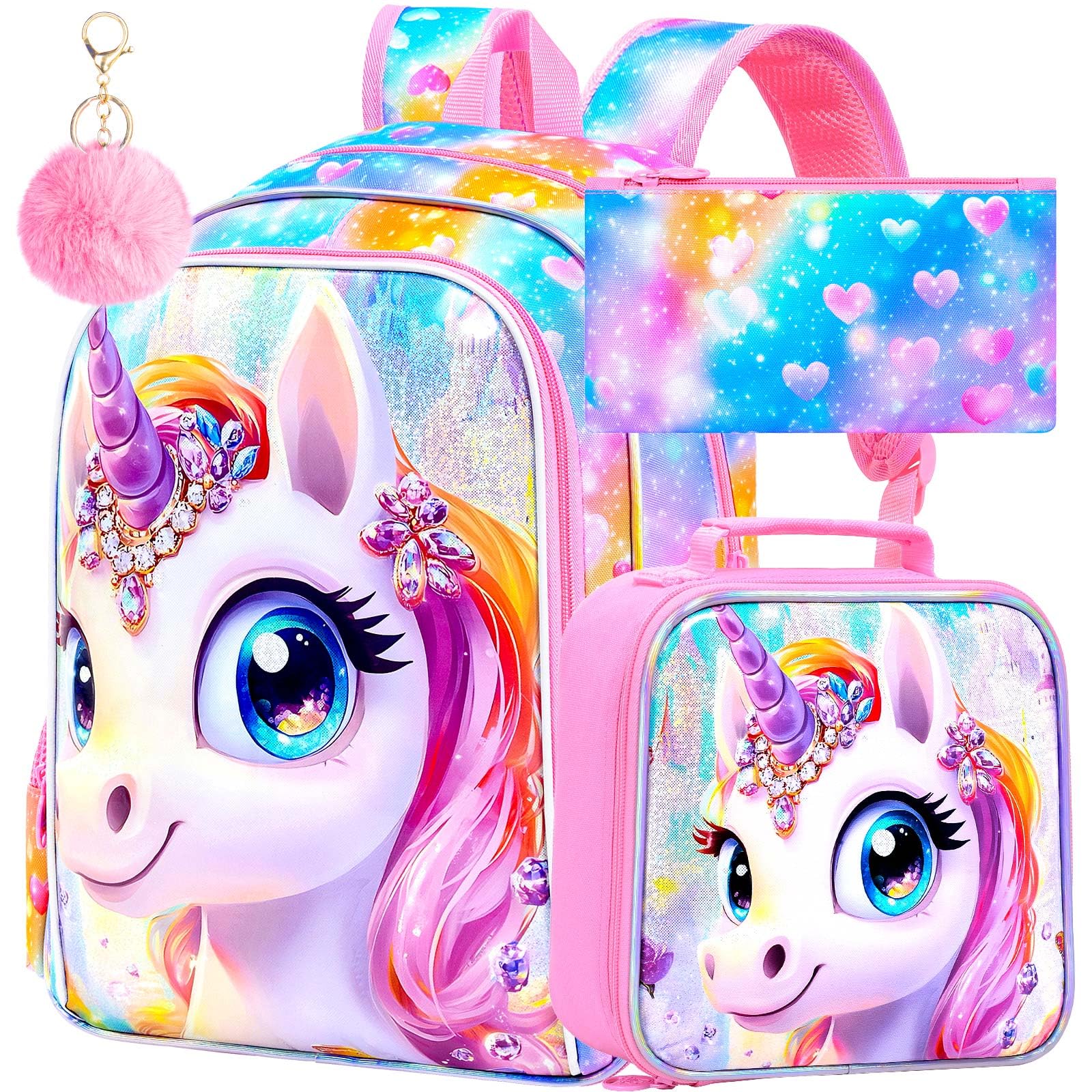 16 Unicorn Backpack for Girls 3Pcs School Backpacks Set for Elementary Preschool Kindergarten Kids Bookbag with Lunch Box