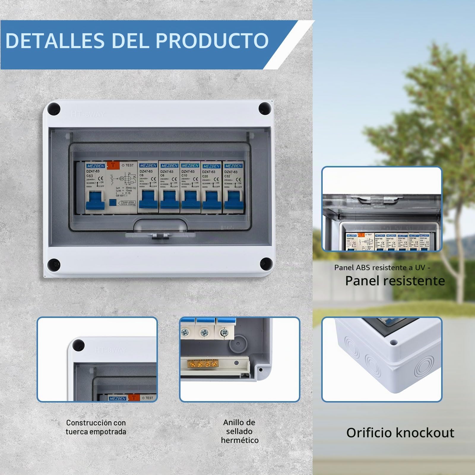 BigKing Caja de distribución impermeable de 8 vías IP65 e interruptor automático, incluye 1P+N63A+6A+6A+10A+20A+32A, Tipo AC 63A/30mA FI RCD