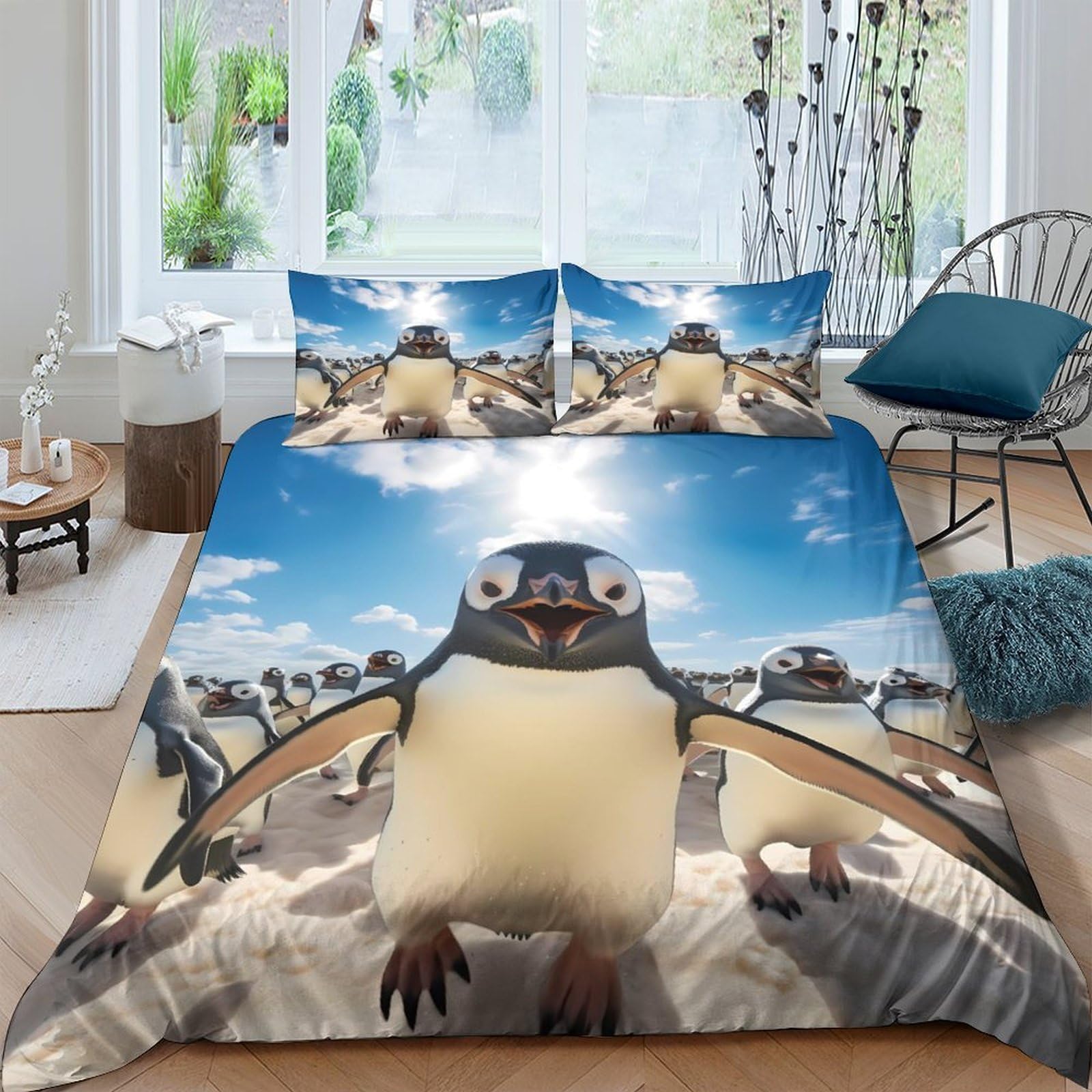 Ctjqhvkz Style-9 3D Printed Penguin Colony Fitted Sheet Microfiber Soft Blue Sky Mattress Cover For Bedroom Guest Room Dorm Decor Single（135X200cm）