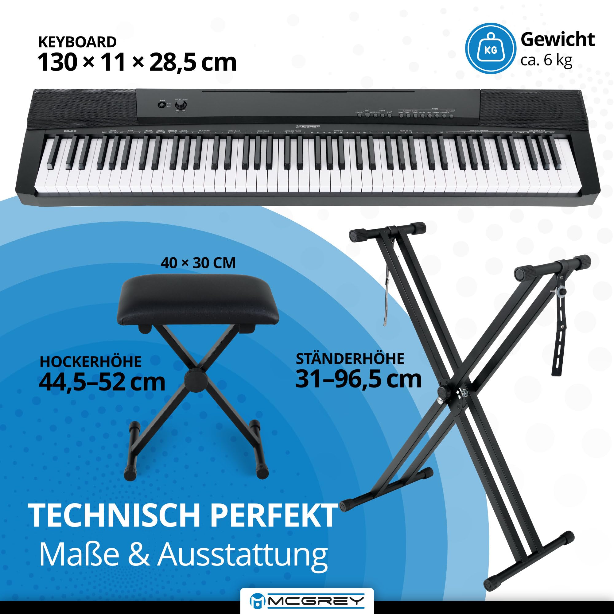 McGrey SK-88 Keyboard Super Kit - Einsteiger-Keyboard in Stagepiano-Optik mit 88 Tasten - 146 Klänge - inklusive Sustain-Pedal, Keyboardständer, Hocker und Kopfhörer - schwarz