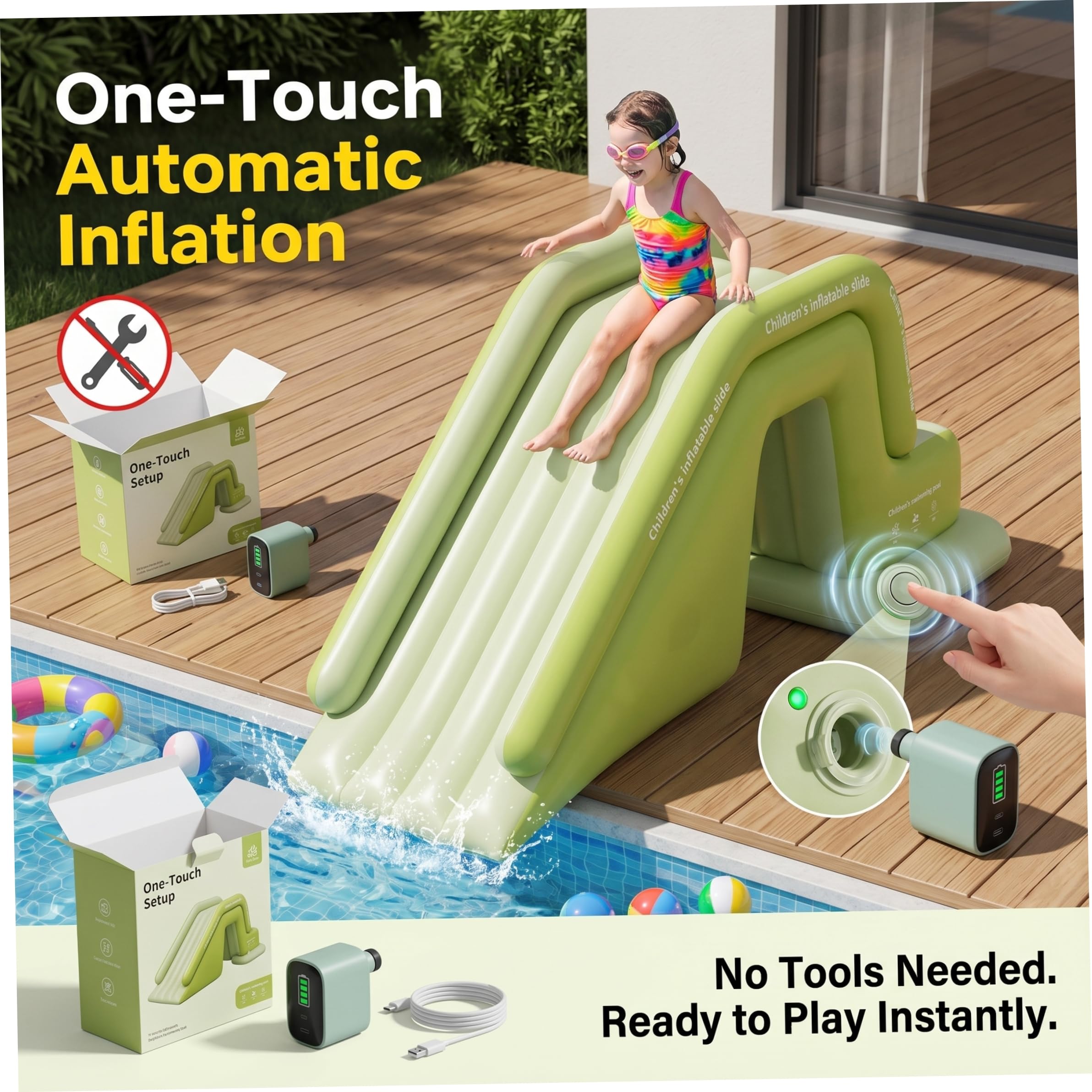 Tobogán acuático Inflable para Piscina Juguete de Verano Antideslizante para Patio para niños y niñas Verde