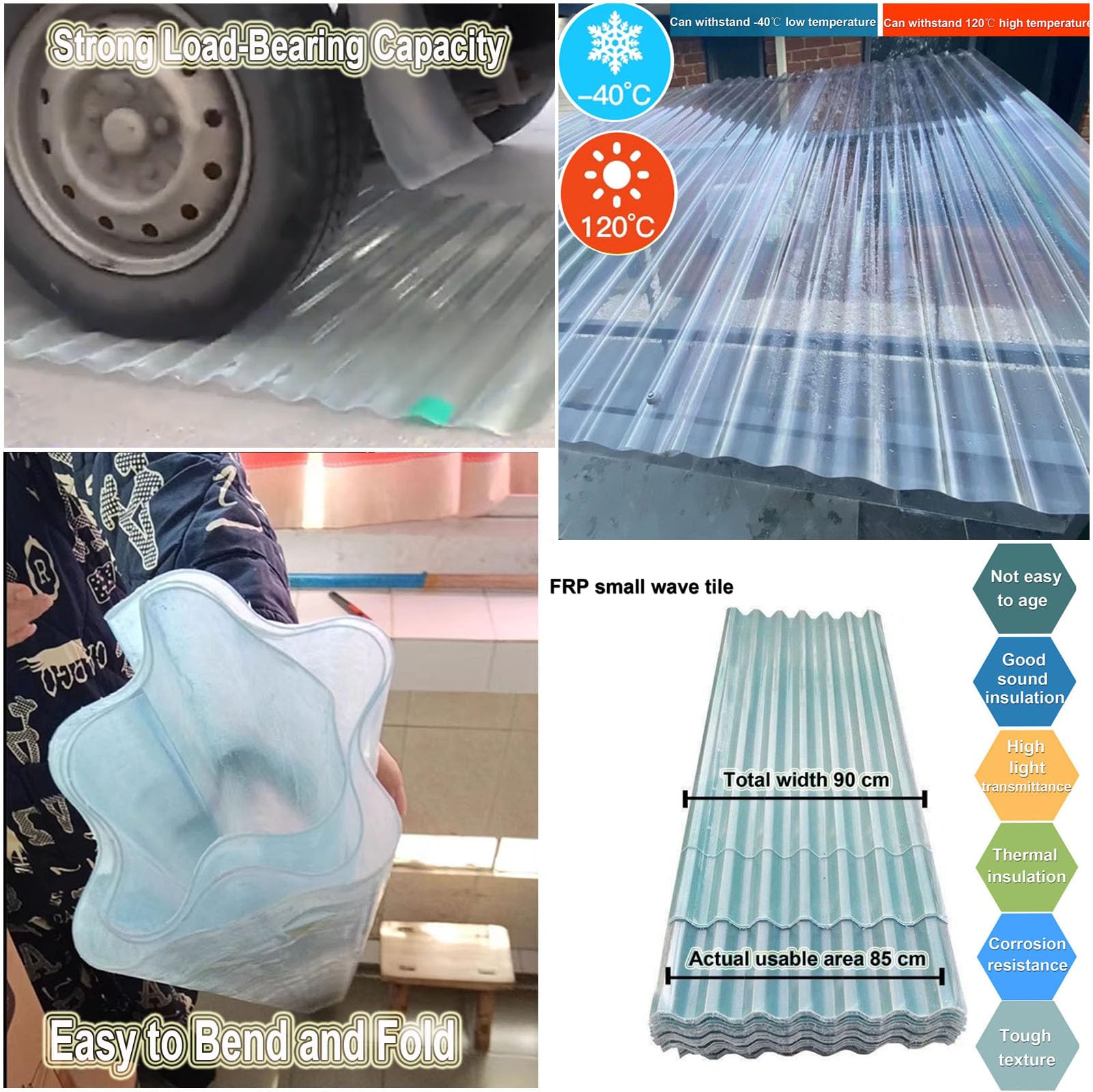 1.5mm Planchas Transparentes Tejados,Placa De Iluminación Natural FRP De Protección UV,Chapa Ondulada Para Invernaderos,Paneles Para Tejado Resistentes Al Impacto (0.9×1.7m,1pcs)